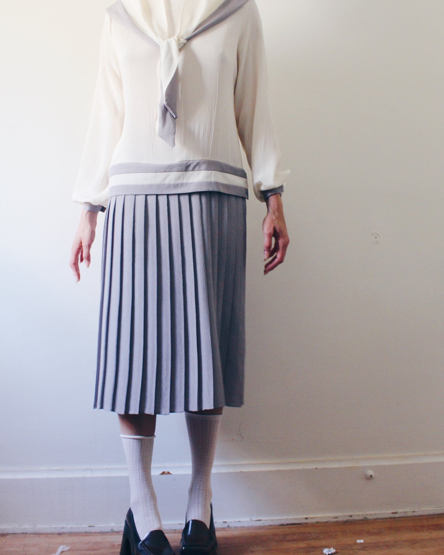 Vintage 1980s Nautical Sailor Dress | Cream Grey Drop Waist Pleated Midi | Scarf Tie Japanese Schoolgirl Preppy Mod Trends Jerrie Lurie