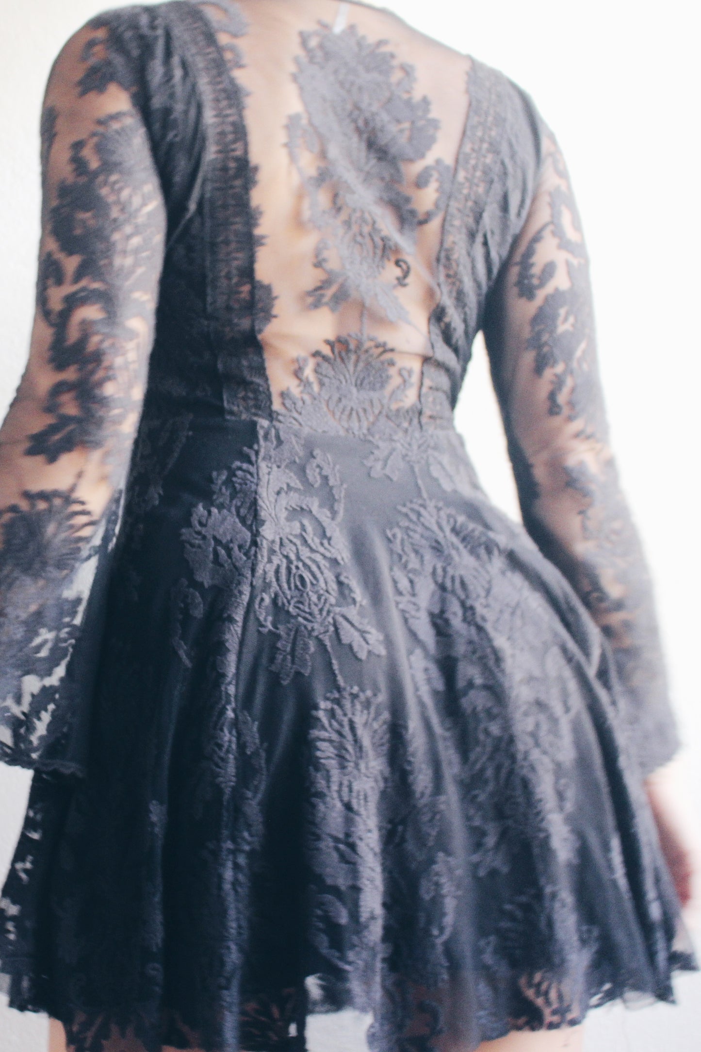 Ethereal Elegance: Vintage Black Lace Bell Sleeve Dress for Your Dark Victorian Dreams