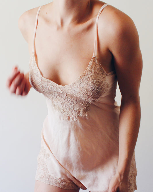 1930s Antique Silk Lingerie Romper | Vintage Lace Teddy Camiknickers | Peach Pink Soft Goth Boudoir Wear | Art Deco Silk Underwear Size S