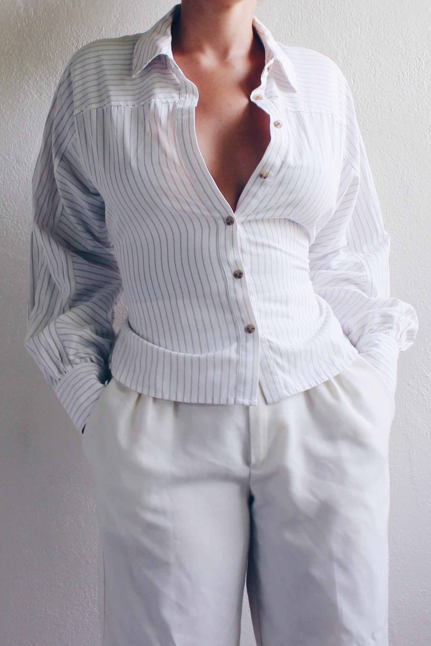 White striped shirt / minimalist cotton pinstripe blouse