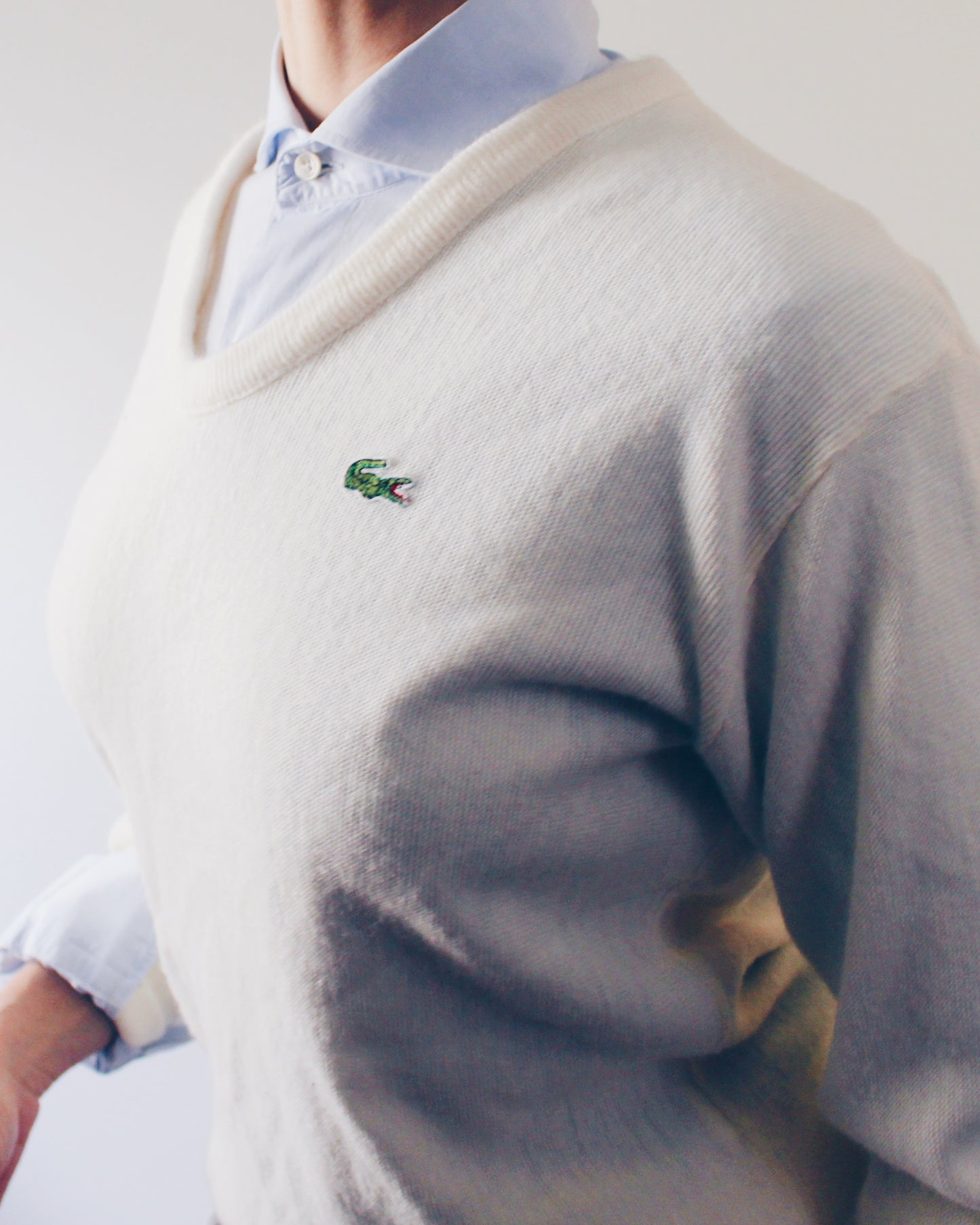 Vintage Izod Lacoste Ivory V Neck Sweater - 1980s Academic Knit Long Sleeve With  Logo Preppy Layering