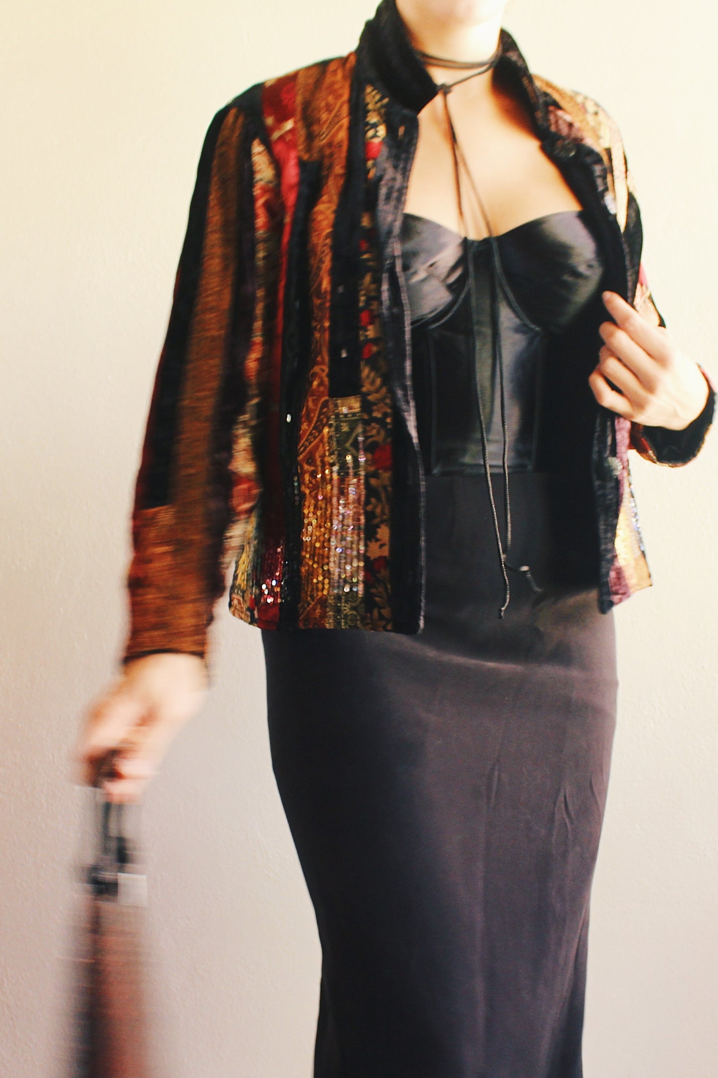 Vintage Black Velvet Patchwork Jacket - 90s Grunge WhimsyGoth Style