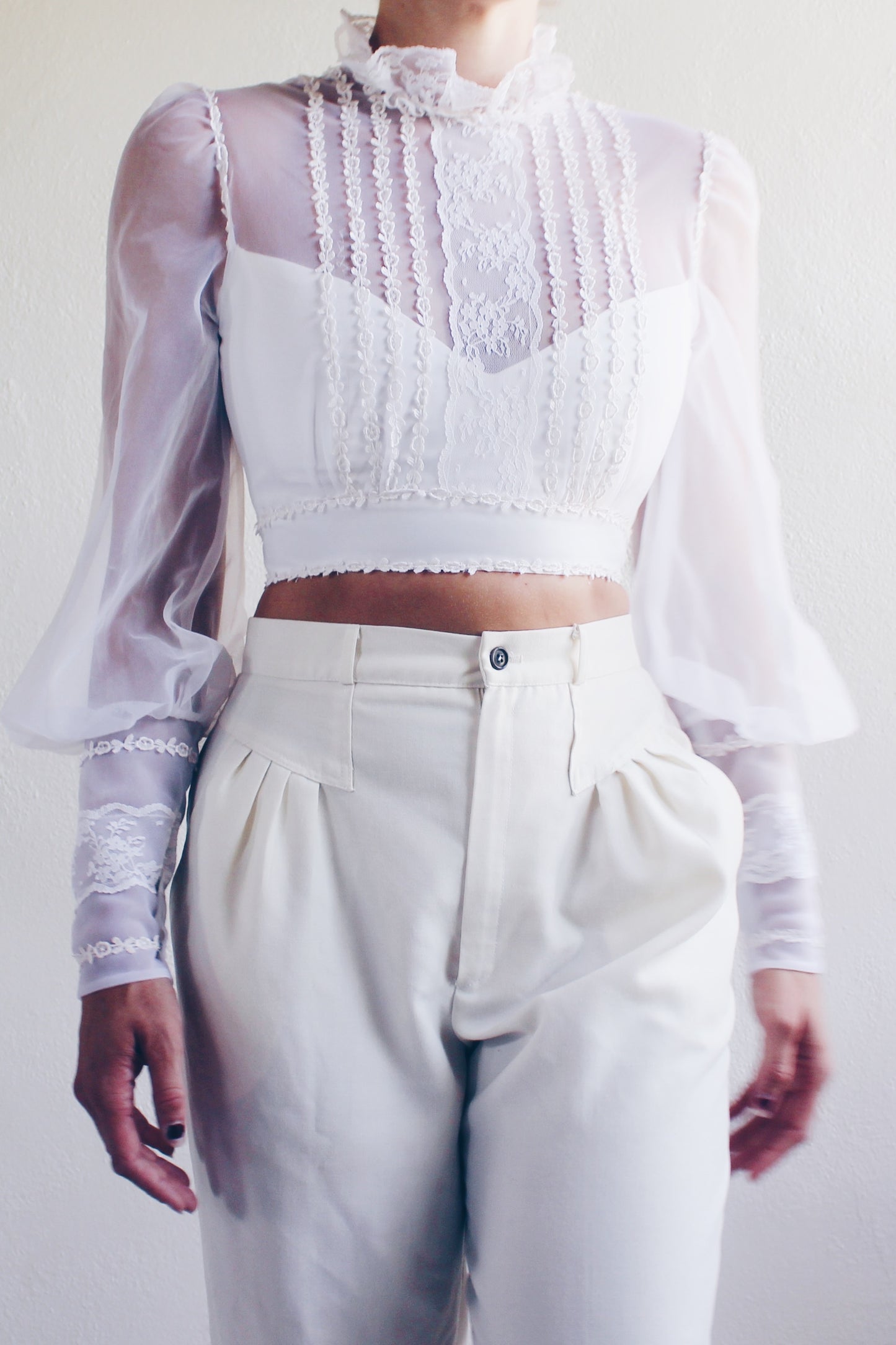 White cottagecore blouse / reworked lace up puff sleeve crop top/ Victorian high Collar Lace shirt