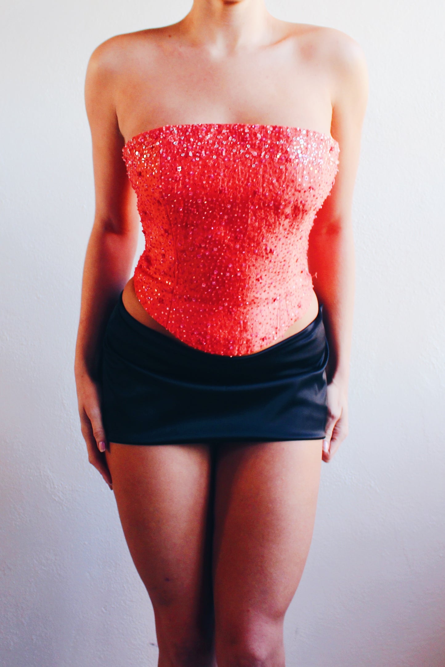 Y2K Glamour: Coral Beaded Lace-Up Formal Corset for Date Nights