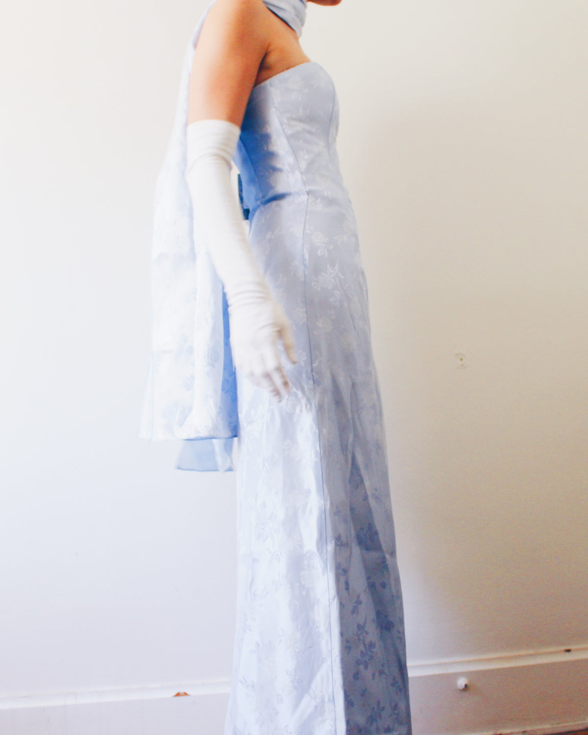 Deadstock Vintage Y2K Jessica McClintock Ice Blue Floral Formal Gown with Matching Wrap, Sleeveless Prom Dress