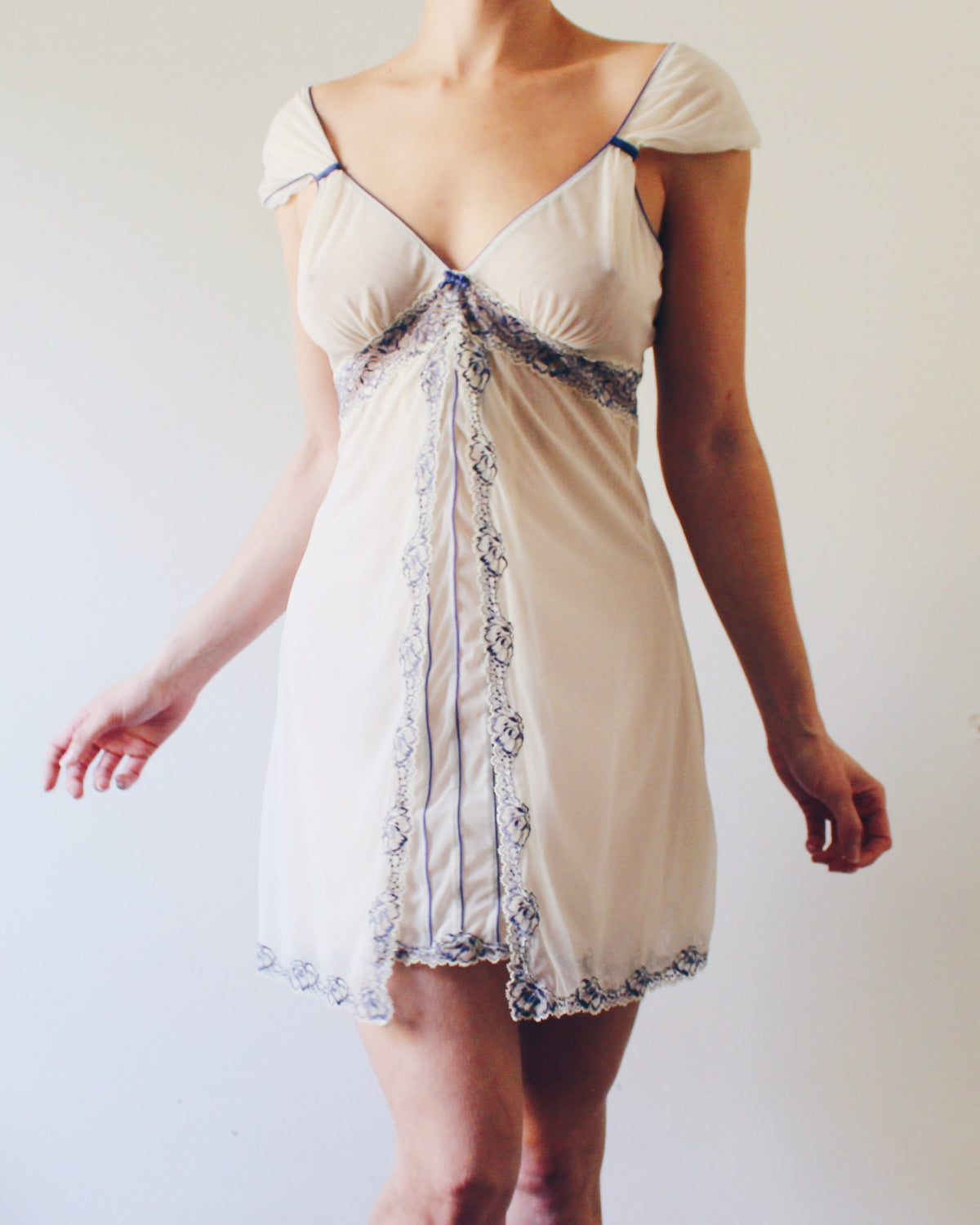 Y2K Cream Empire Waist Slip Dress with Violet Lace, Whimsygoth Soft Goth Style, Can Be Worn as Day Dress or Intimate Piece