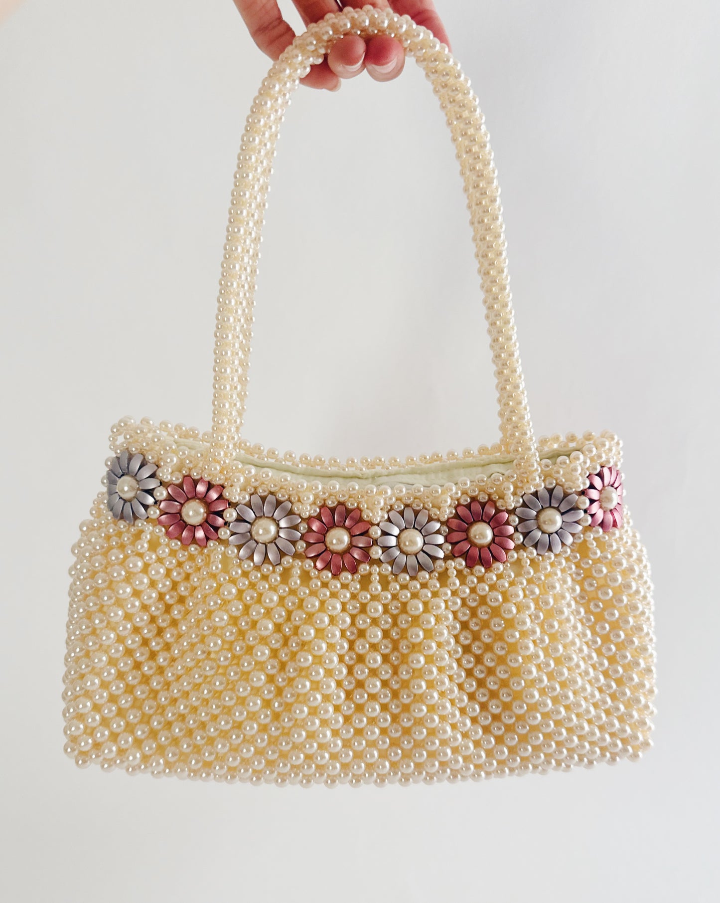 Vintage 70s Pearl Beaded Purse – Floral Detail Structured Clutch Spring Easter Bag