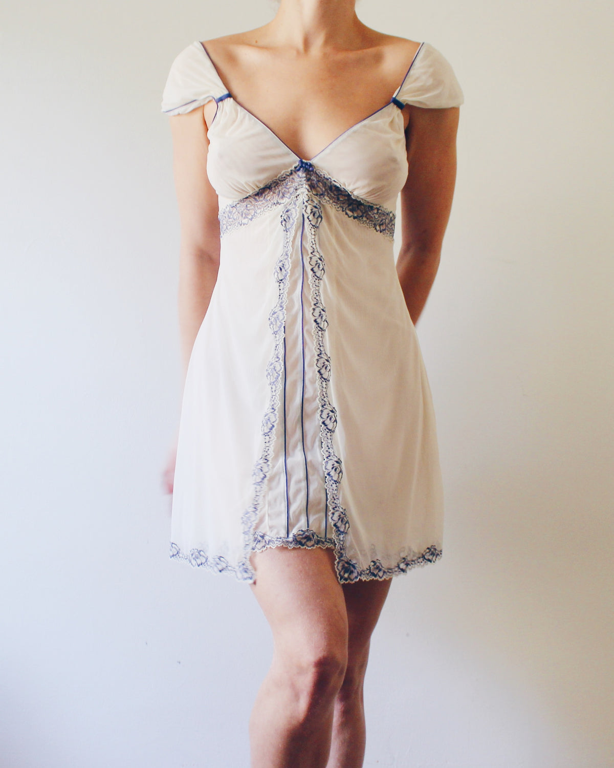 Y2K Cream Empire Waist Slip Dress with Violet Lace, Whimsygoth Soft Goth Style, Can Be Worn as Day Dress or Intimate Piece