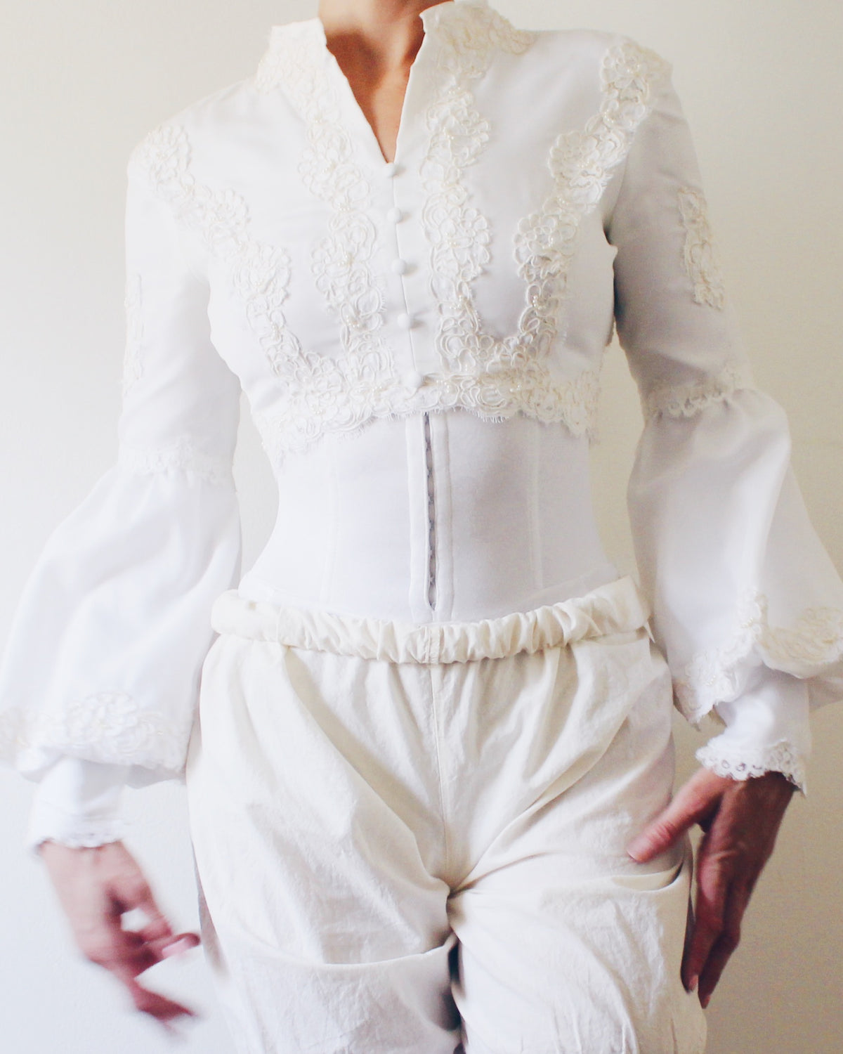 Upcycled Cropped Wedding Top, Lace Up Soft Goth Long Sleeve Blouse, Victorian Pirate Style Bell Sleeves, Made from Vintage Wedding Dress