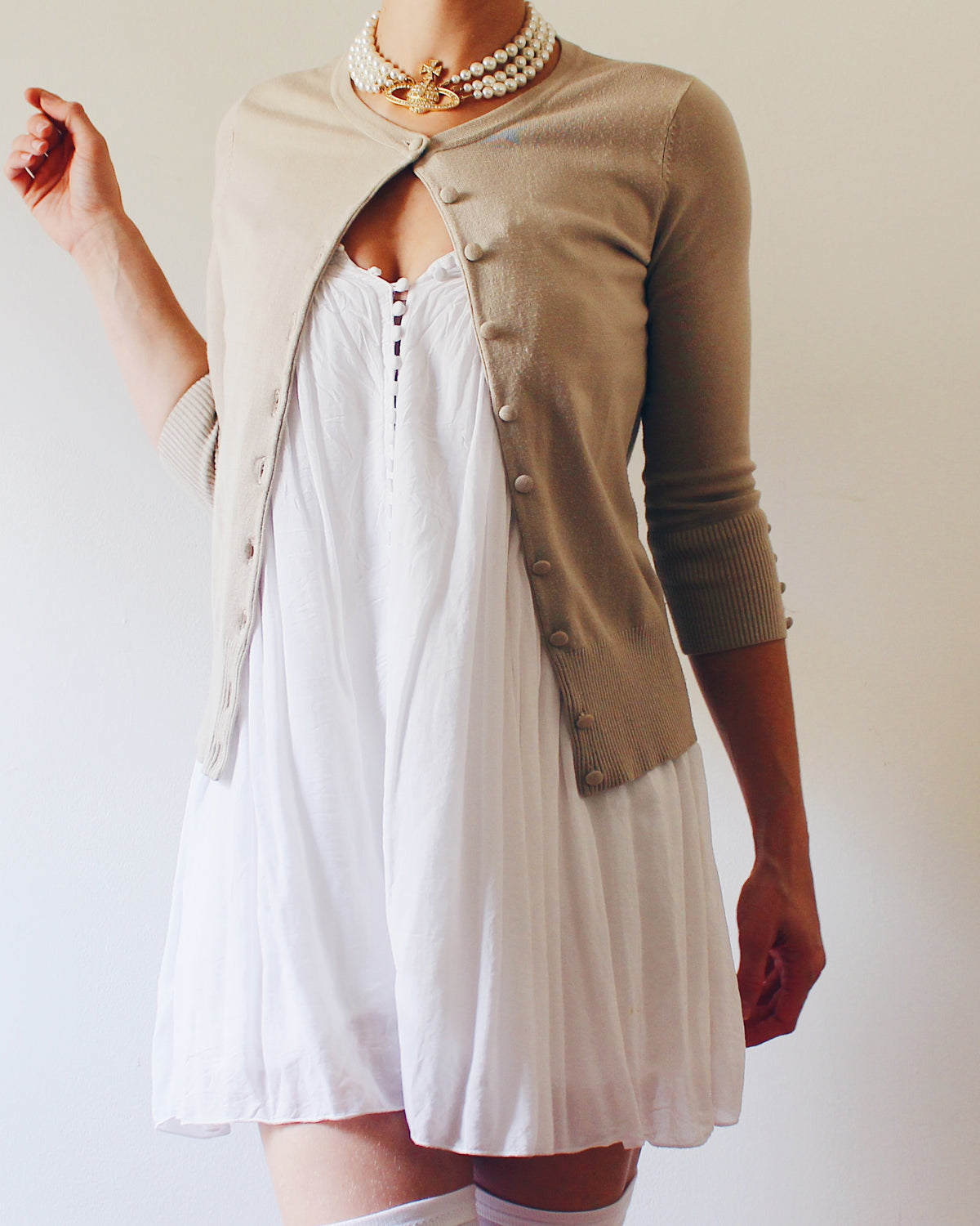 Audrey and Grace Beige Button Up Cardigan, Preppy Minimalist Academic Style, Neutral Layering Piece, Dark Academia