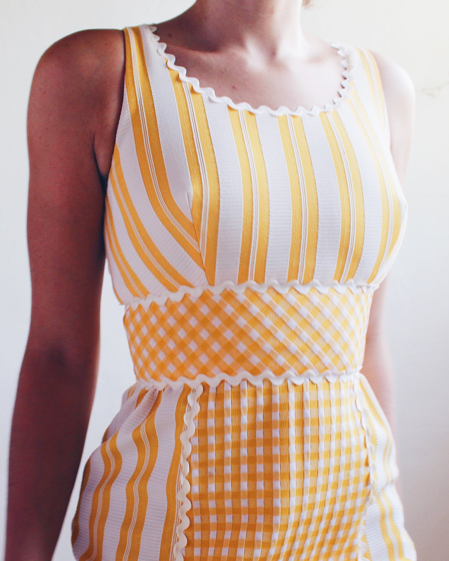 Vintage 1970s Ruth Norman Yellow and White Checked & Striped Long Dress - Americana Coquette Style | Perfect for Summer parties