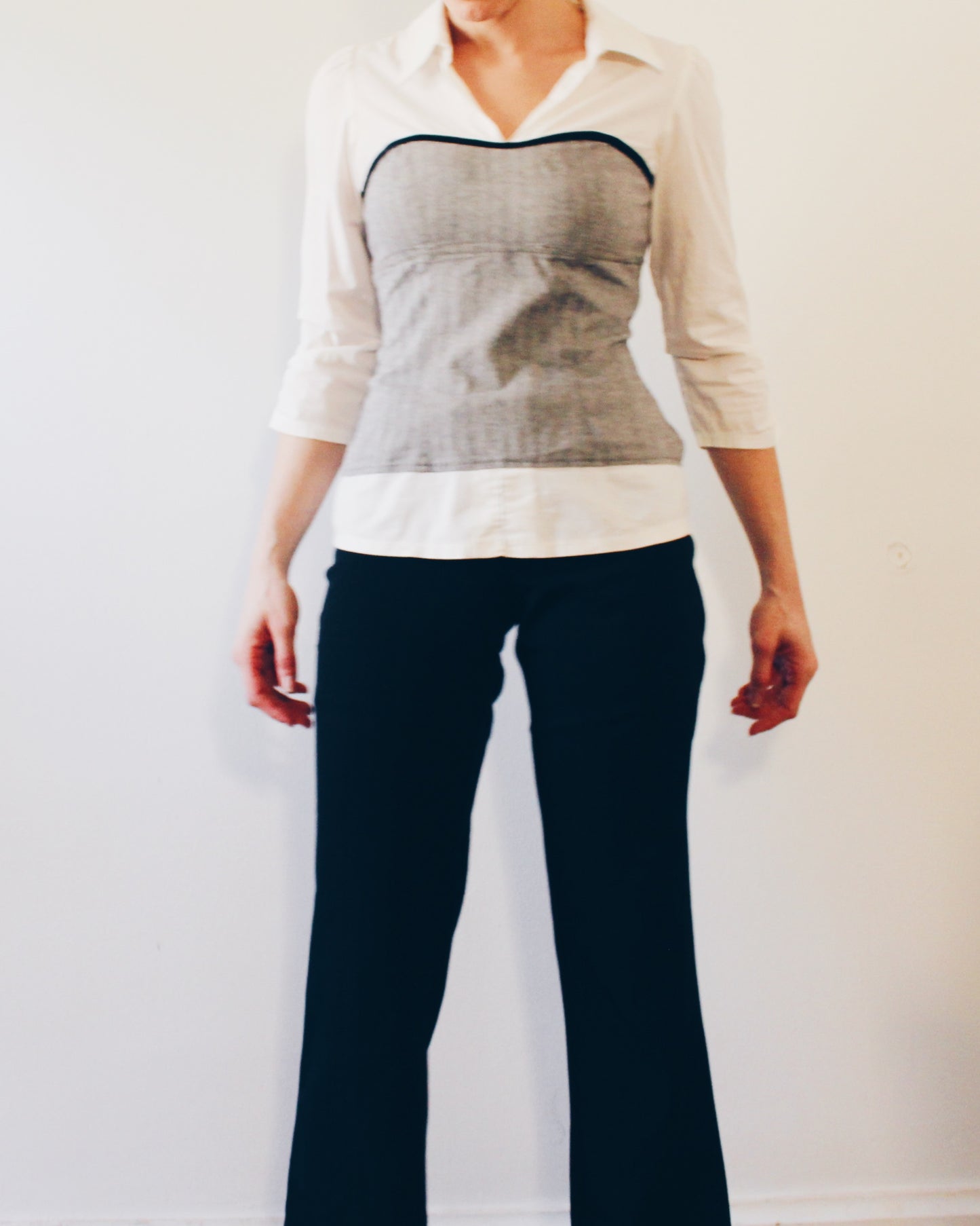 Y2K Office Siren Layered Illusion Blouse | 2000s White Collared Shirt with Grey Tube Overlay | Fitted Stretch Cotton Corporate Chic Top