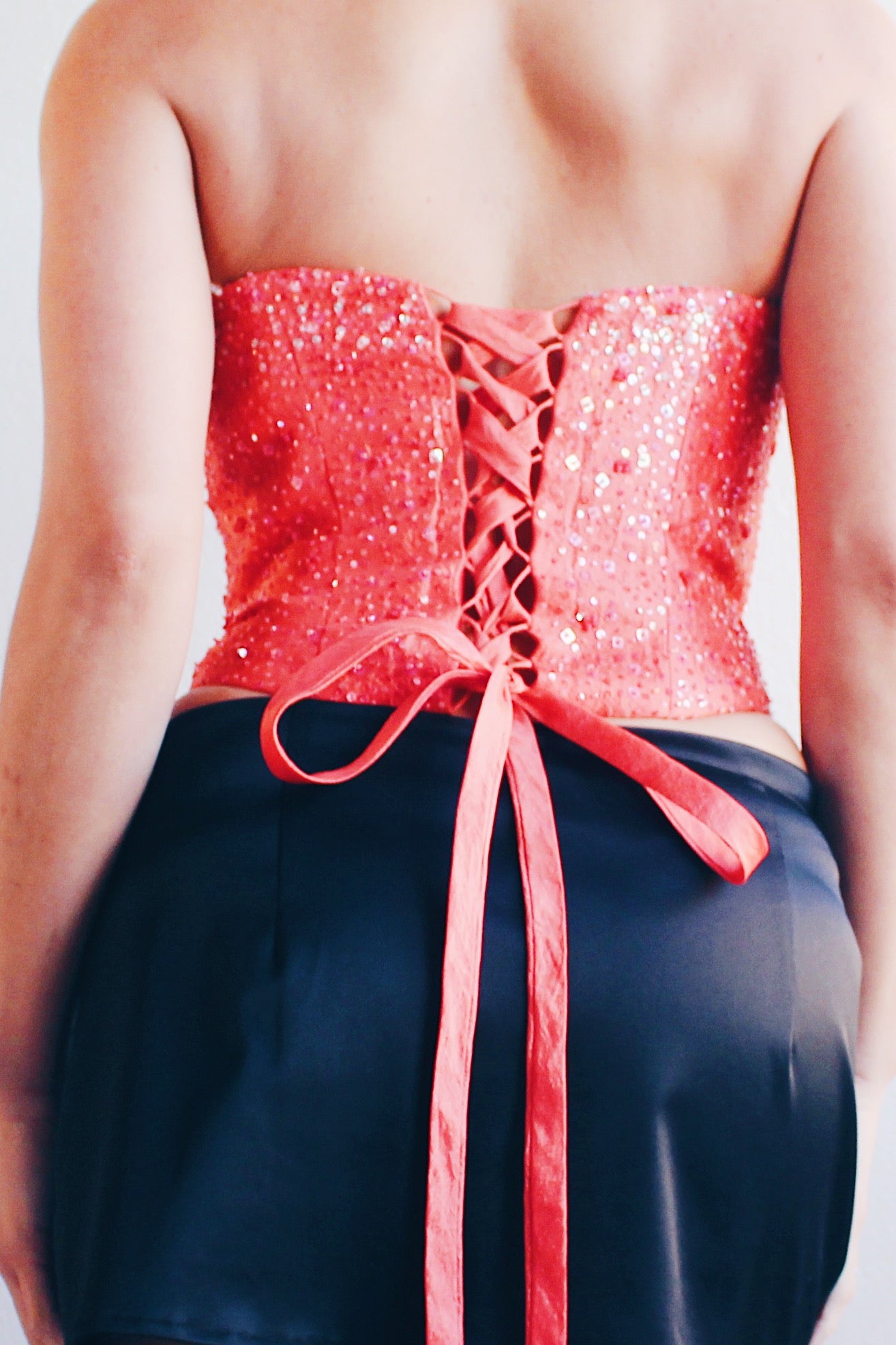 Y2K Glamour: Coral Beaded Lace-Up Formal Corset for Date Nights