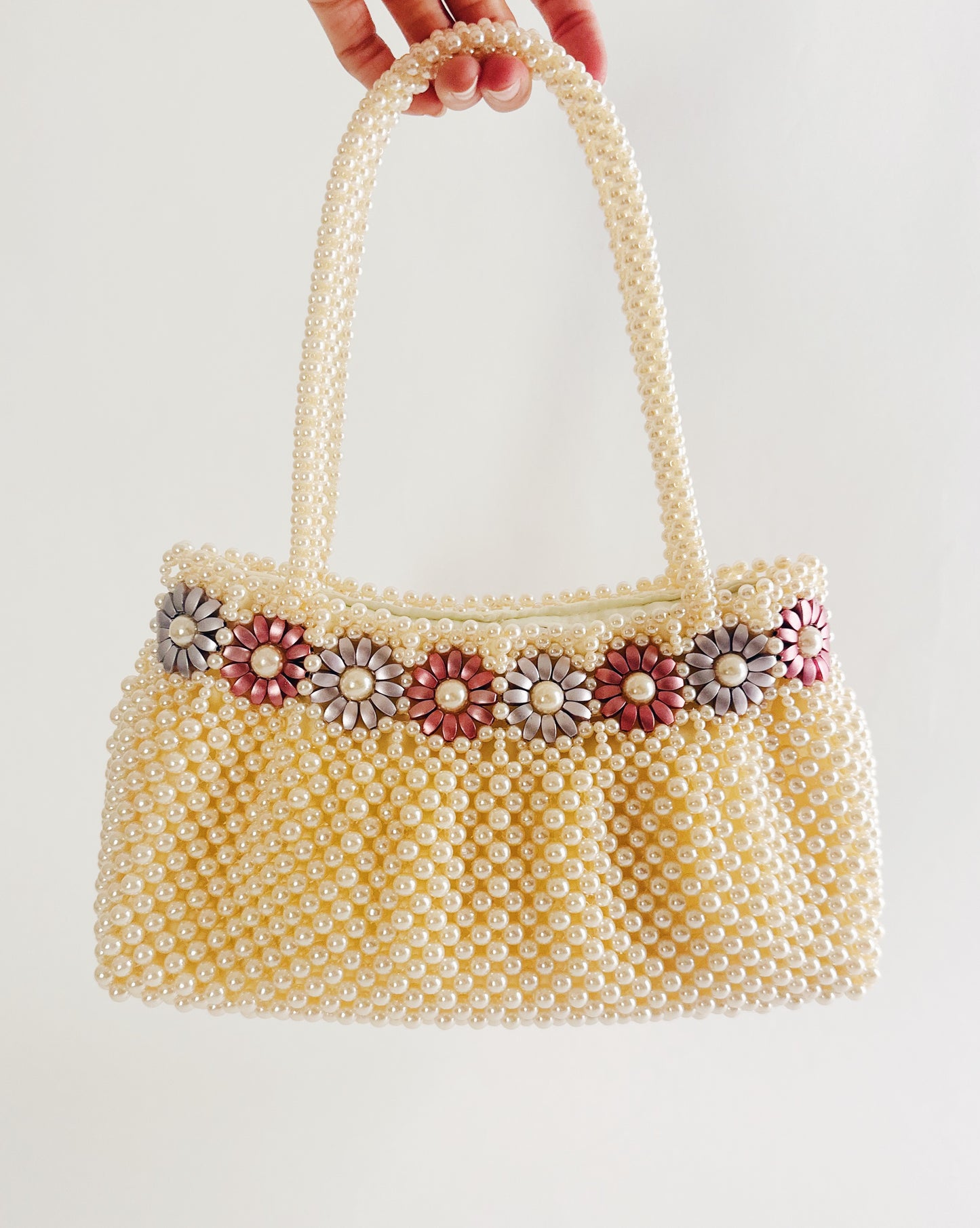 Vintage 70s Pearl Beaded Purse – Floral Detail Structured Clutch Spring Easter Bag