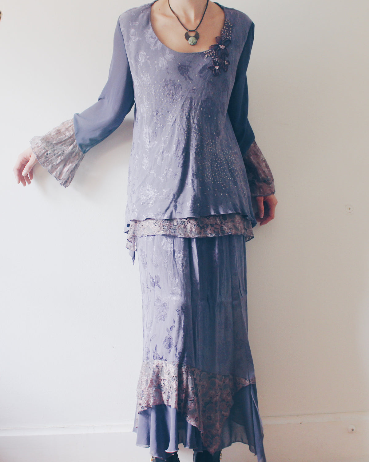 Vintage 90s Spencer Alexis Whimsygoth Two Piece Set, Dusty Purple Lilac Layered Midi Skirt and Embroidered Ruffle Sleeve Top