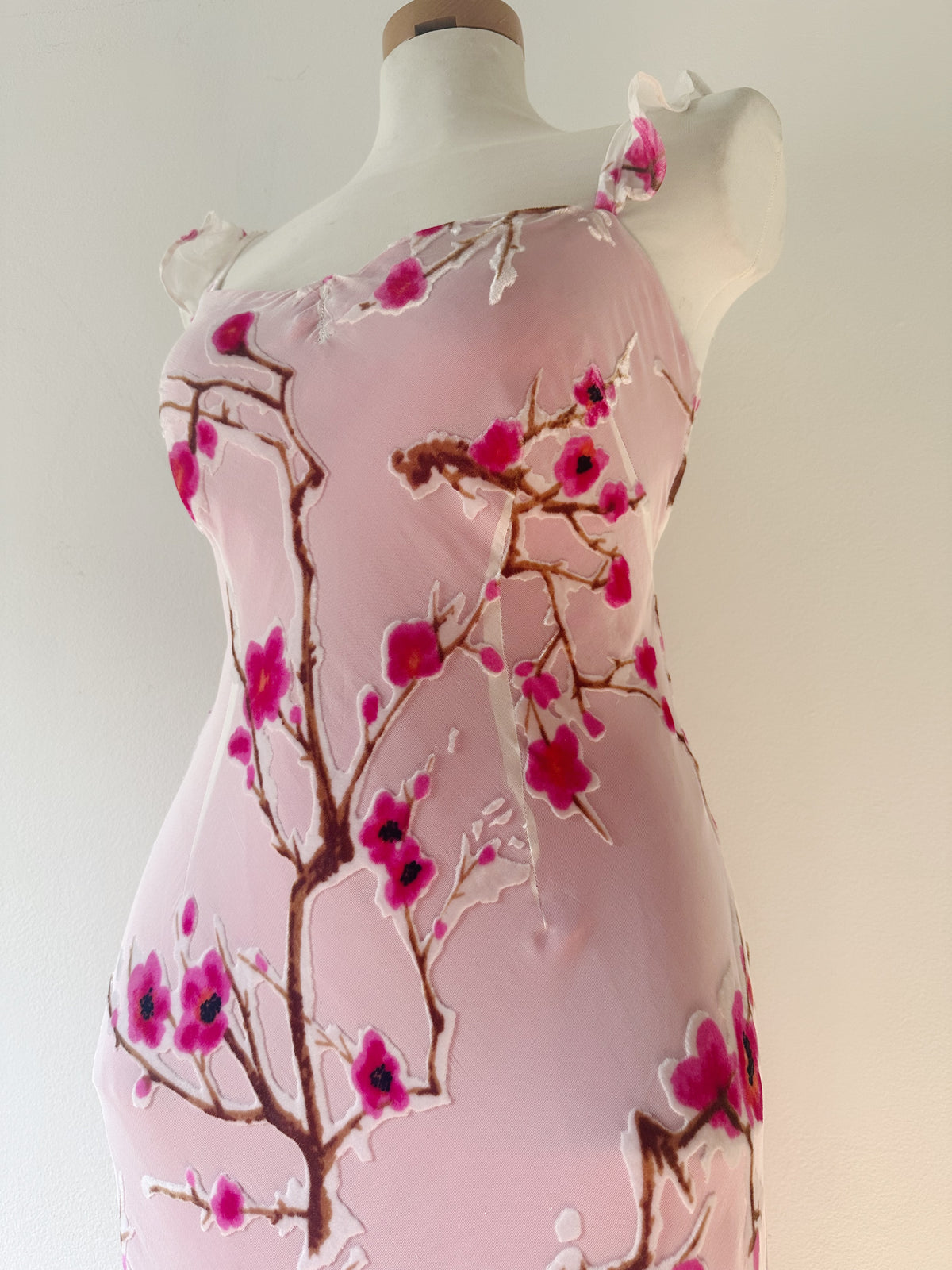 Vintage 90s Monsoon Velvet Burnout Cherry Blossom Slip Dress, Bias Cut Silk Viscose, Magenta Lining, Rare Y2K Dream Dress