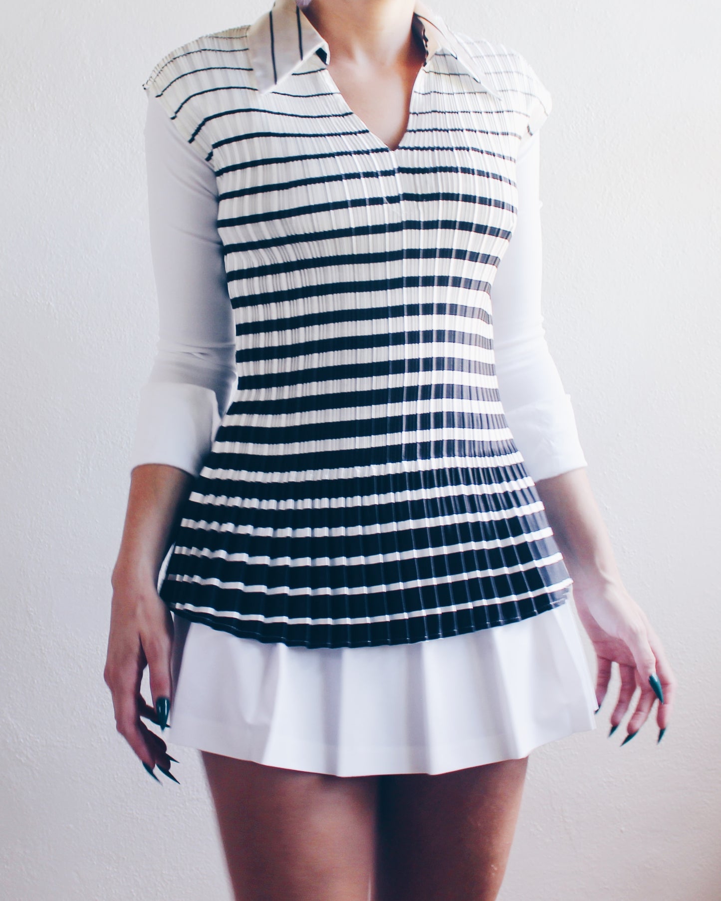 Striped Black and White Pleated Shirt with Collar – Micro Pleats Inspired by Issey Miyake | Chic Office Wear