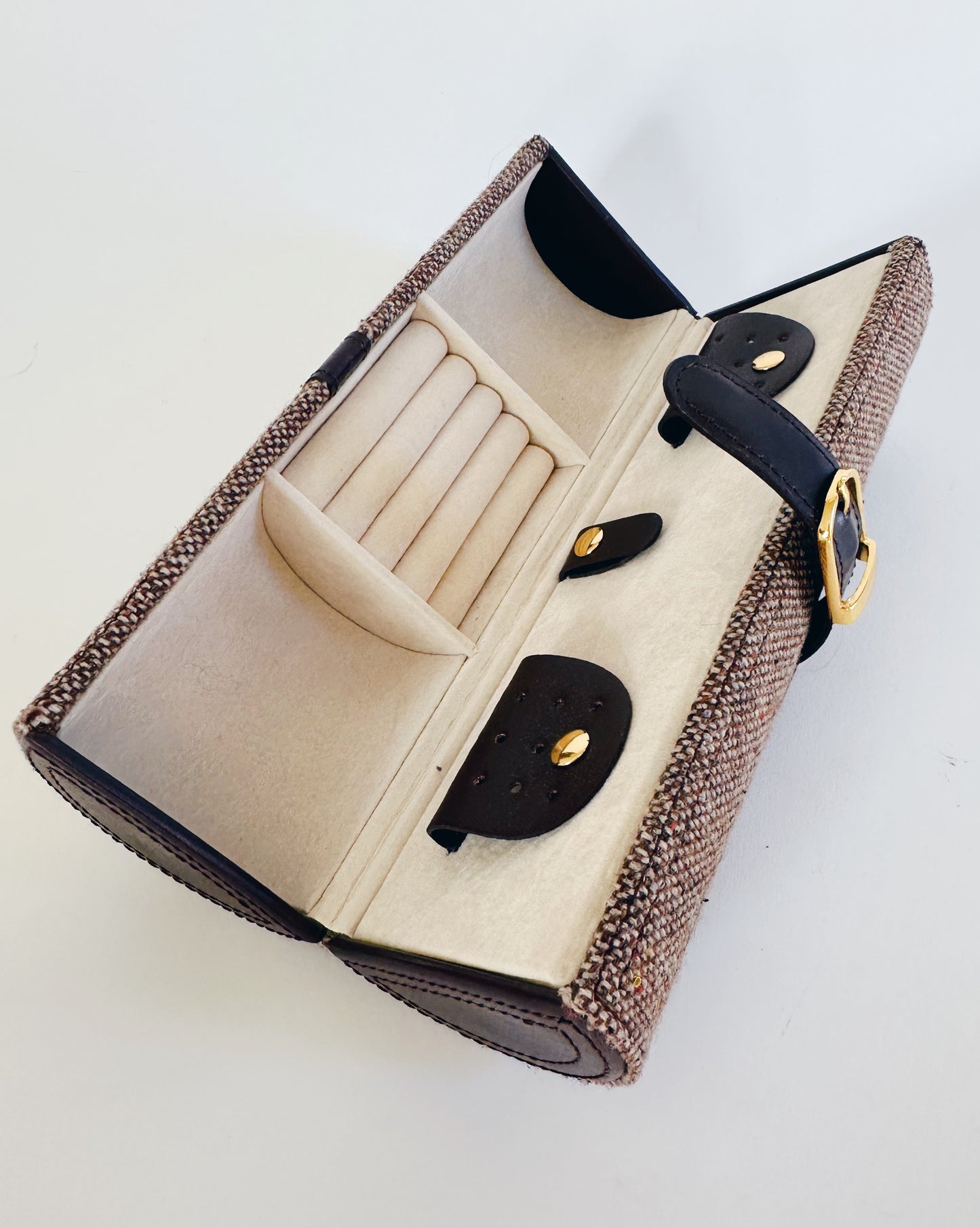Vintage Brown Tweed Jewelry Travel Case – Mini Train Case Style Organizer | Vanity Storage Bag