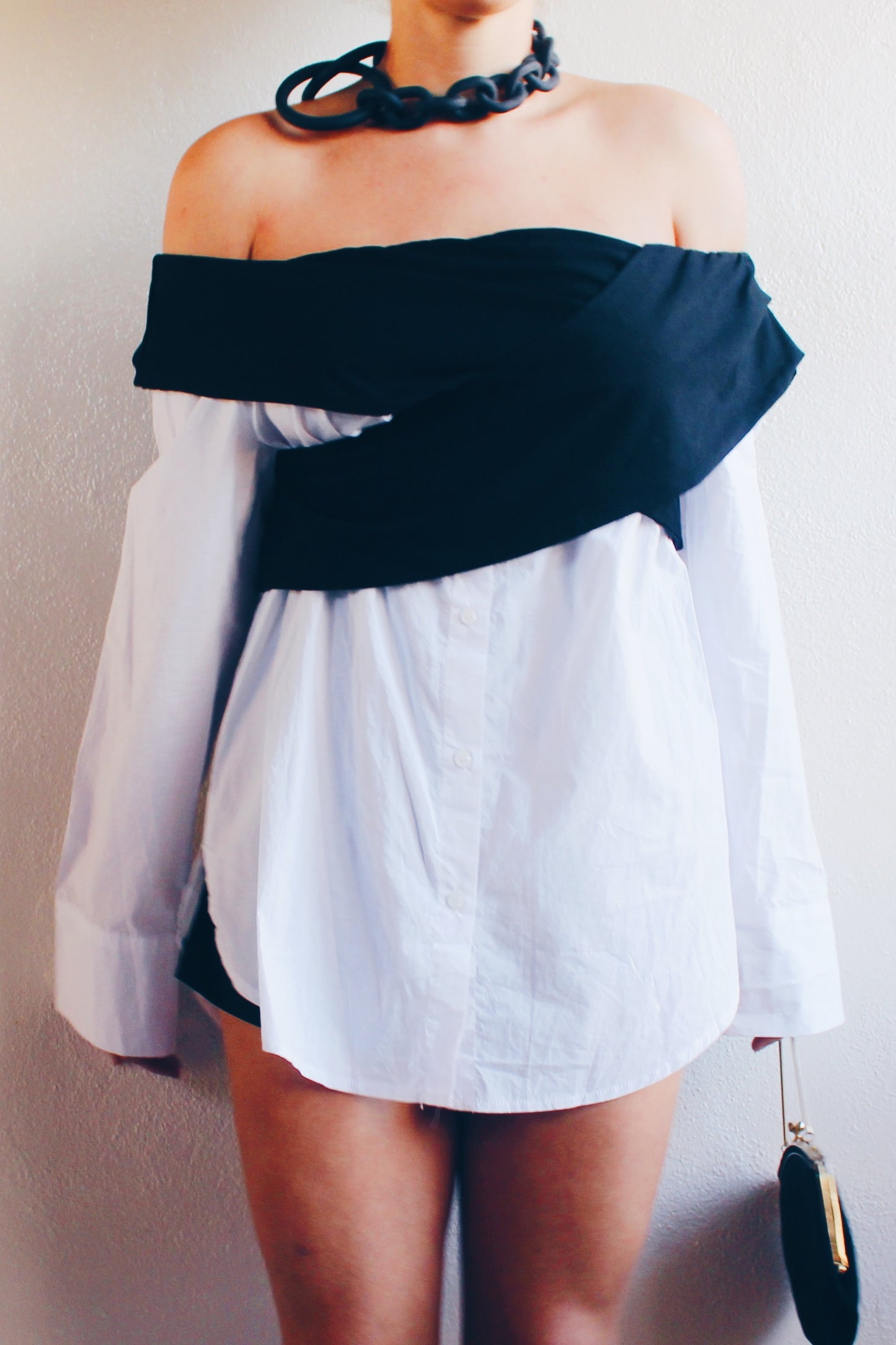 Contemporary Edge: Upcycled White Shirt Dress with Asymmetric Black Bust Wrap