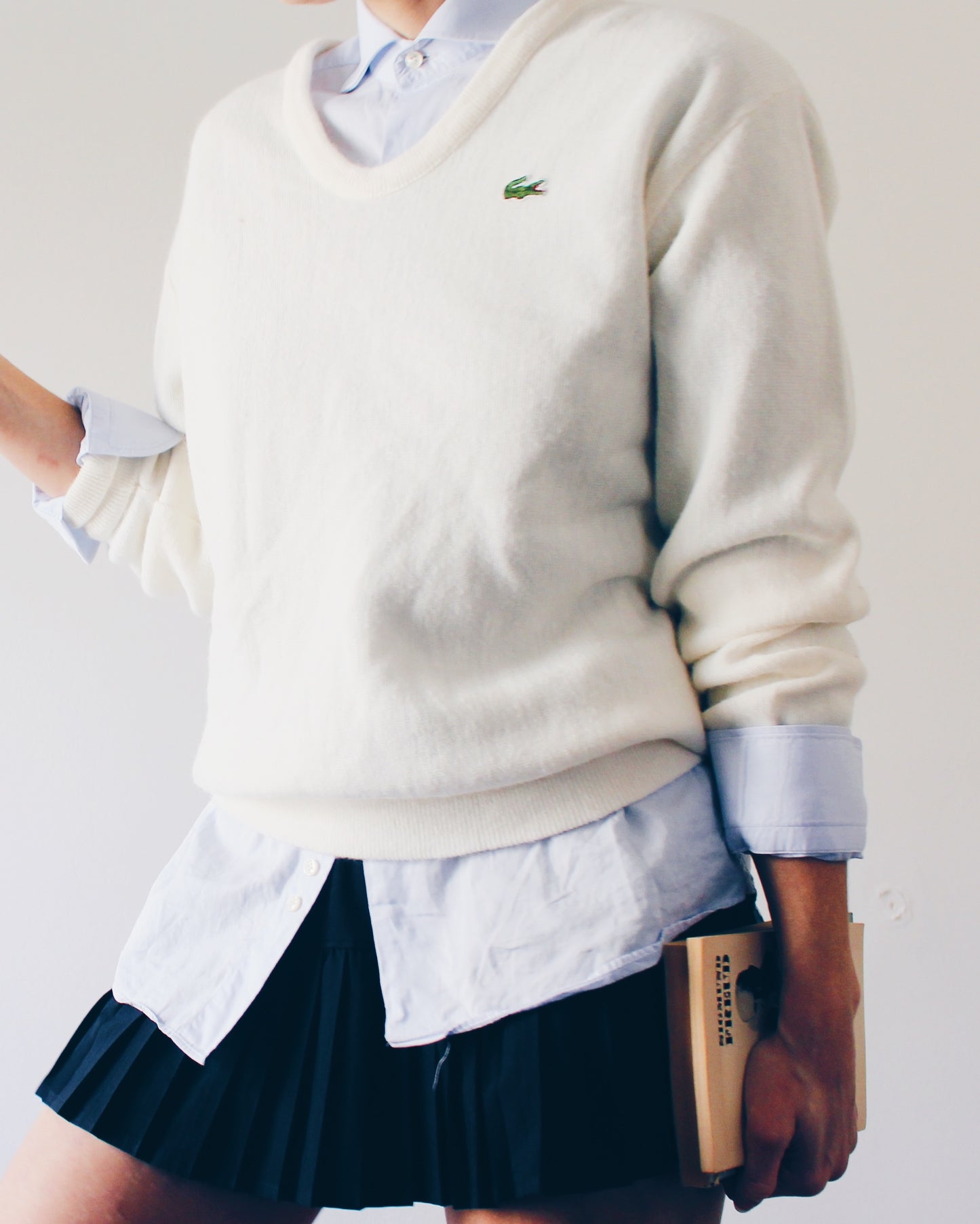 Vintage Izod Lacoste Ivory V Neck Sweater - 1980s Academic Knit Long Sleeve With  Logo Preppy Layering