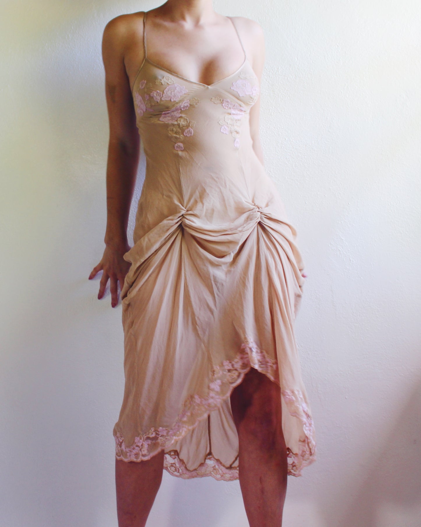 Rare Y2K Victoria’s Secret Silk Slip Dress | Sheer Nude with Pink Lace Roses | Brittany Murphy Uptown Girls | Coquette 2000s Lingerie