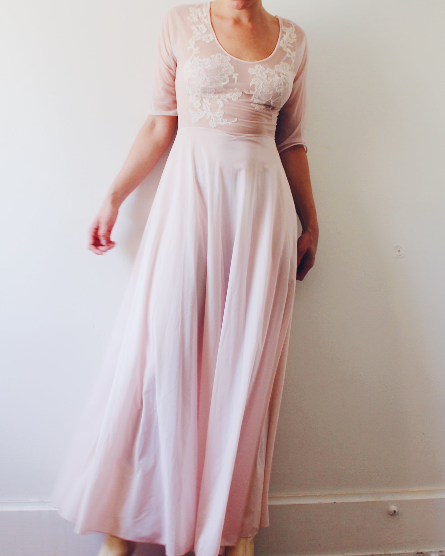 Vintage Vanity Fair Sheer Pink Nightgown S | 1950s Boudoir Lingerie Gown Embroidered Lace | A-Line Long Sheer Nightgown 3/4 Sleeve