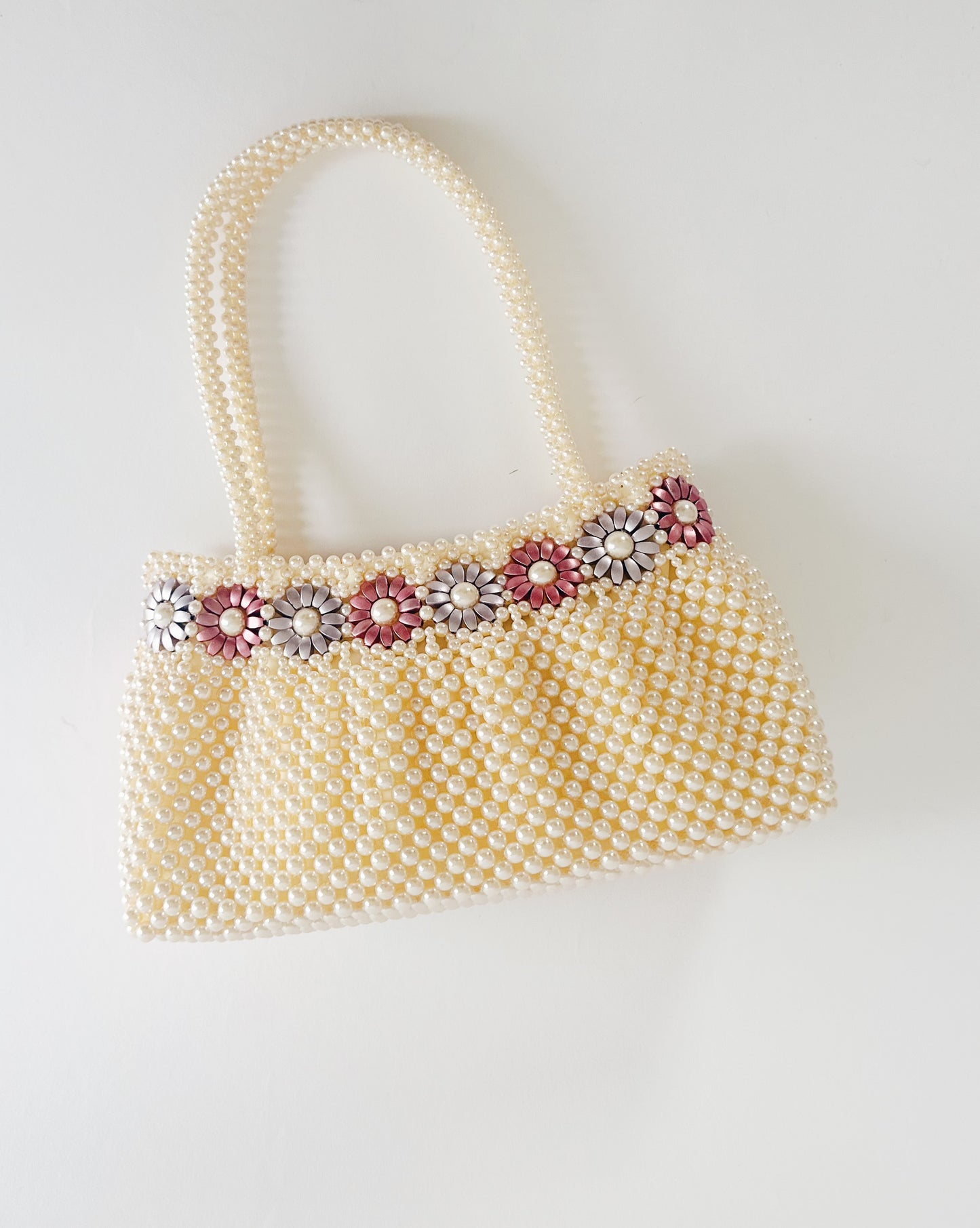 Vintage 70s Pearl Beaded Purse – Floral Detail Structured Clutch Spring Easter Bag