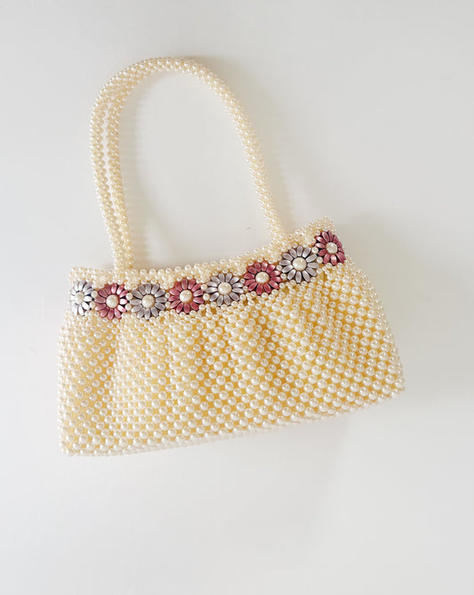 Vintage 70s Pearl Beaded Purse – Floral Detail Structured Clutch Spring Easter Bag