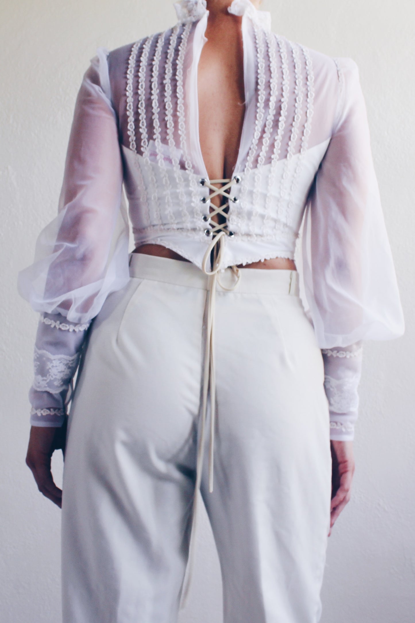 White cottagecore blouse / reworked lace up puff sleeve crop top/ Victorian high Collar Lace shirt