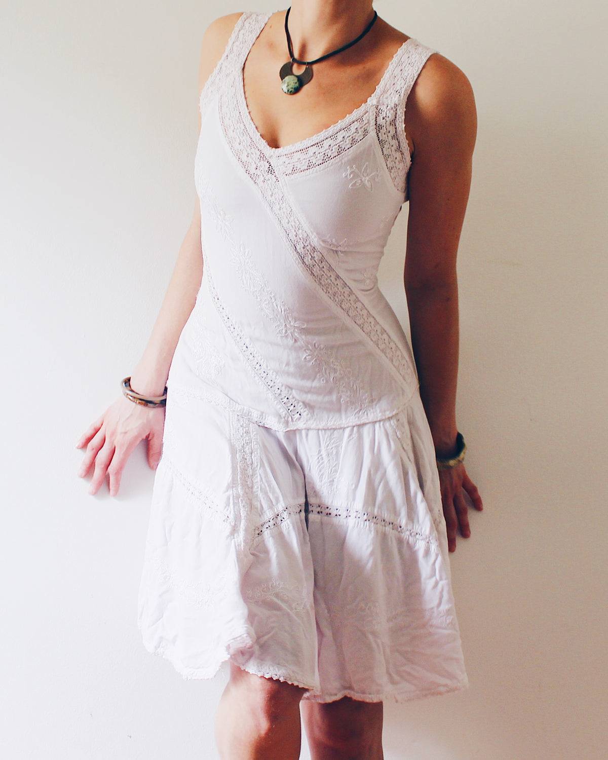 Vintage 90s Coline Whimsygoth Dress, Off White Cotton Floral Embroidered Lace Patchwork, Drop Waist Hippie Boho Dress