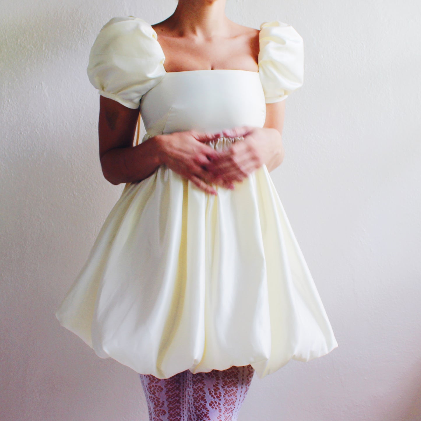 Upcycled Cream Babydoll Dress - Selkie like Cute Coquette Style with Bubble Sleeves | Perfect for Formal Events