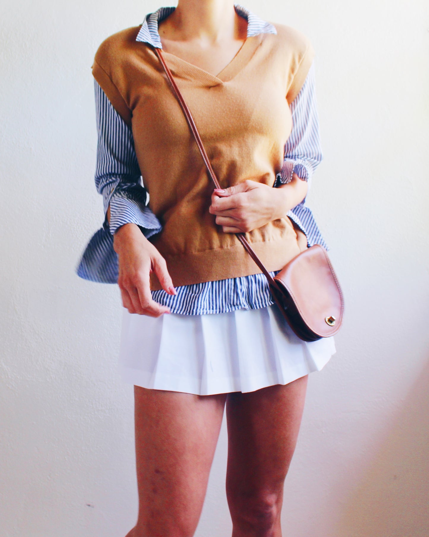 Tan Knit Layered Vest Top with Blue‑White Striped Shirt Sleeves & Collar – Academic Layering Blouse Style