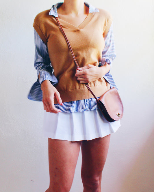 Tan Knit Layered Vest Top with Blue‑White Striped Shirt Sleeves & Collar – Academic Layering Blouse Style