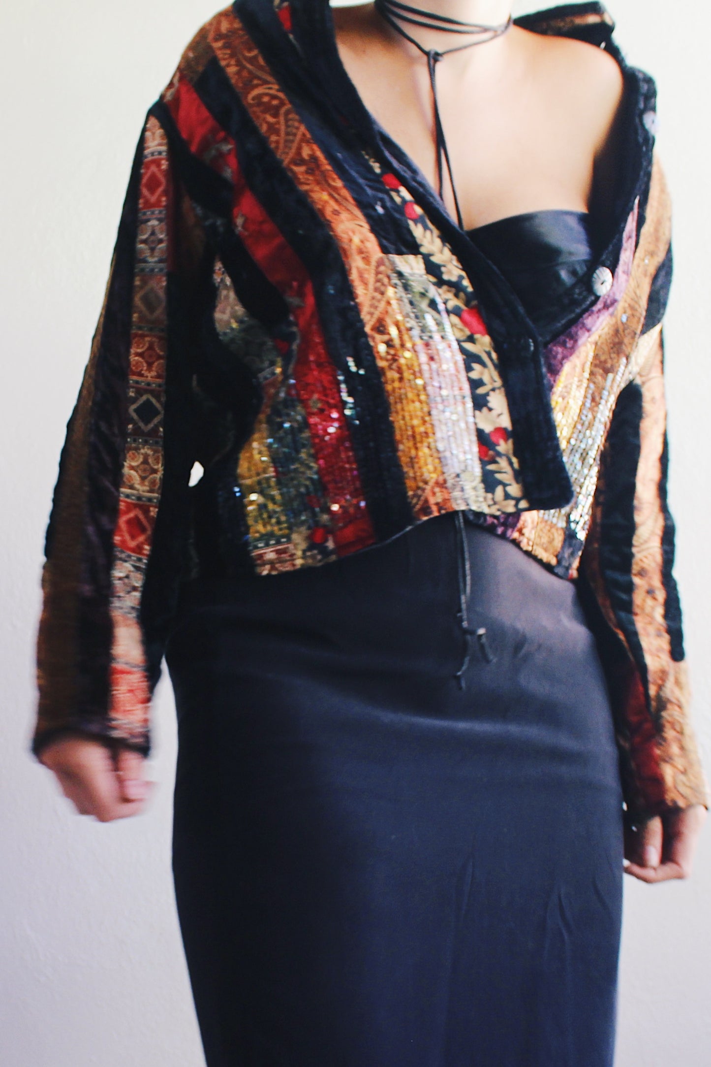 Vintage Black Velvet Patchwork Jacket - 90s Grunge WhimsyGoth Style