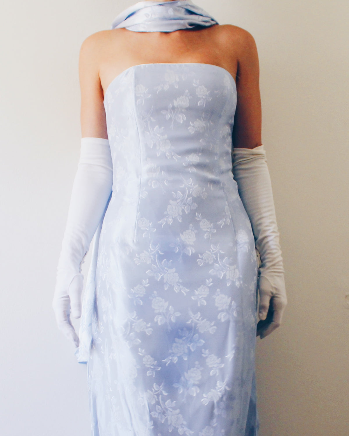 Deadstock Vintage Y2K Jessica McClintock Ice Blue Floral Formal Gown with Matching Wrap, Sleeveless Prom Dress