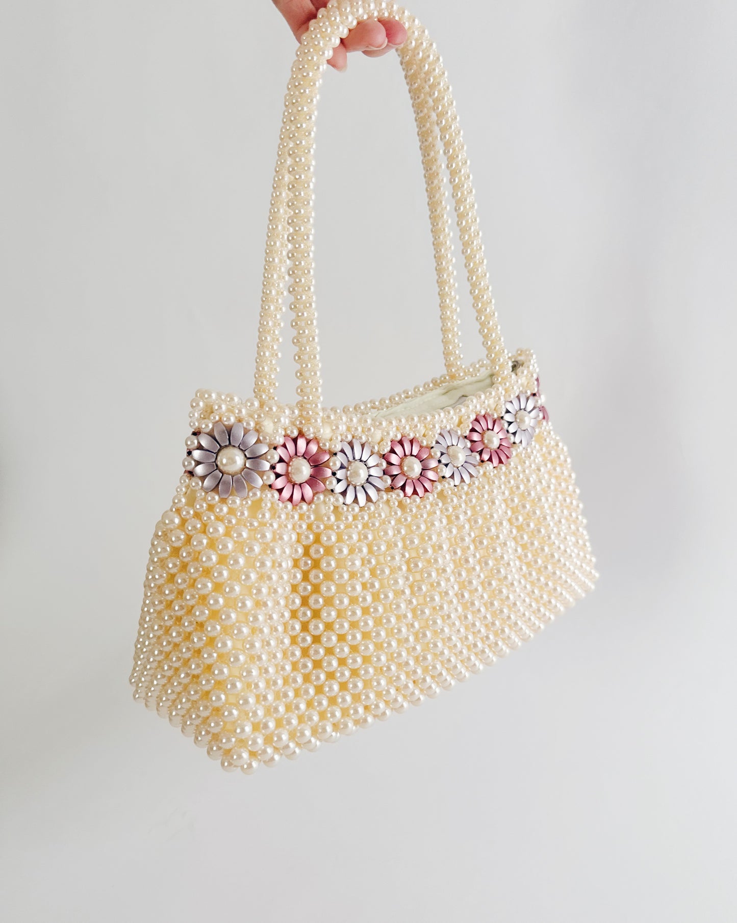 Vintage 70s Pearl Beaded Purse – Floral Detail Structured Clutch Spring Easter Bag