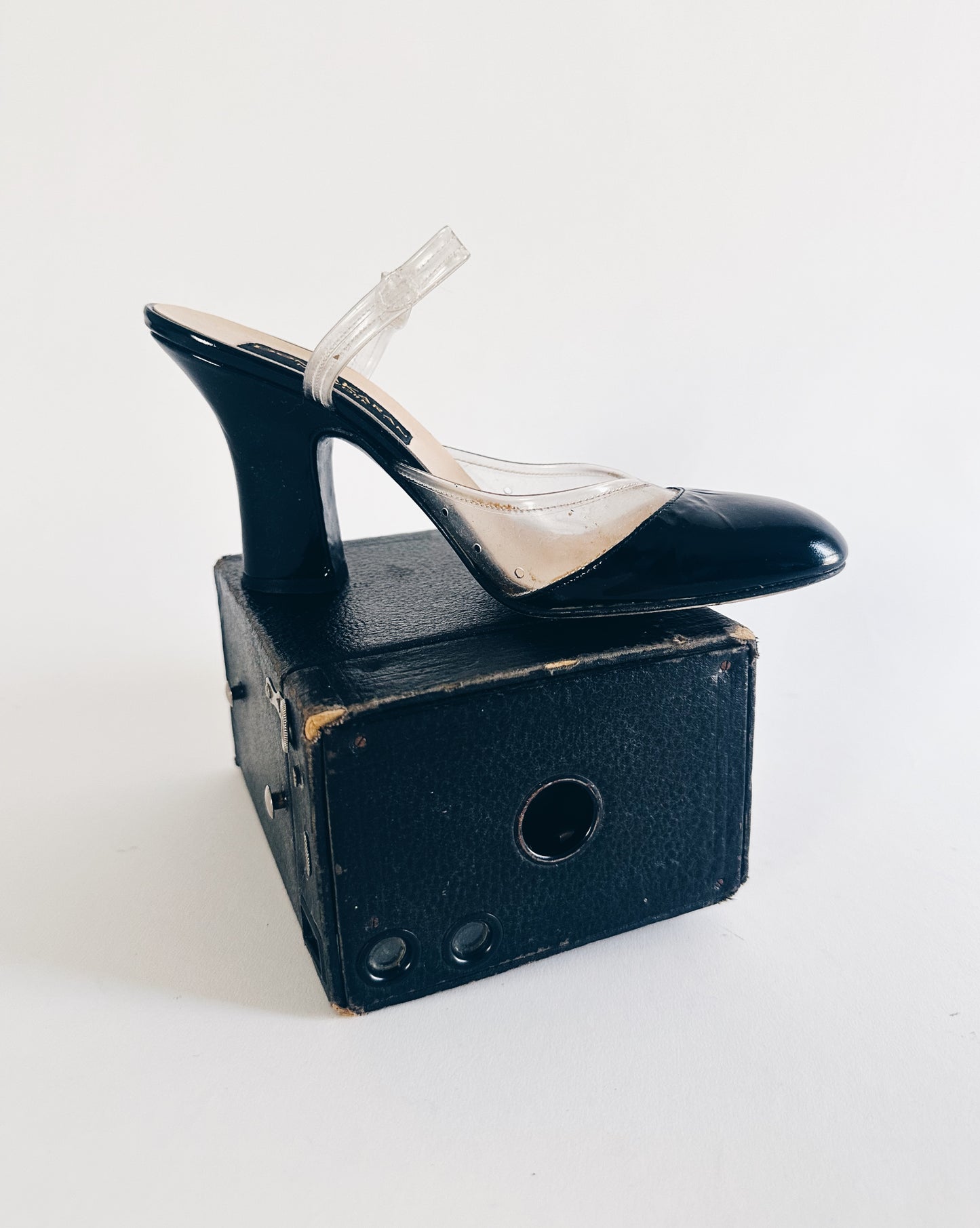 Vintage Donna Karan Cap Toe Heels – 90s Y2K Black Leather & Clear PVC Pumps | Detachable Ankle Strap Designer Shoes