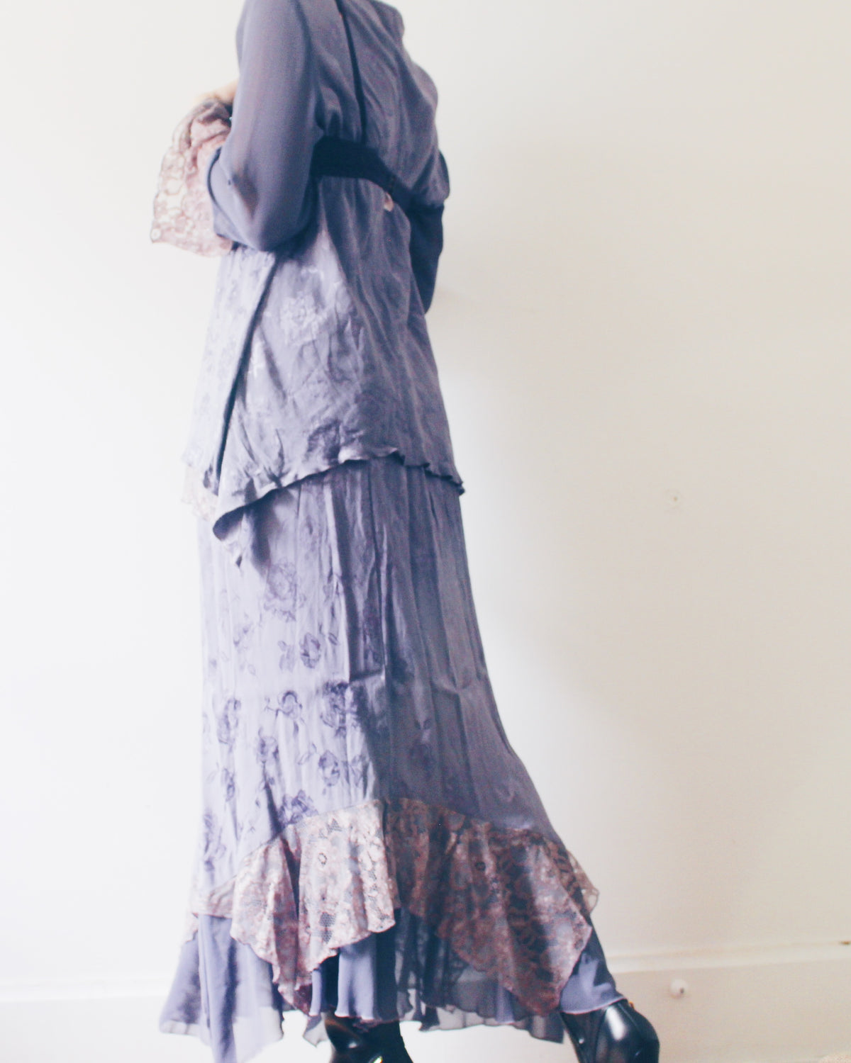 Vintage 90s Spencer Alexis Whimsygoth Two Piece Set, Dusty Purple Lilac Layered Midi Skirt and Embroidered Ruffle Sleeve Top