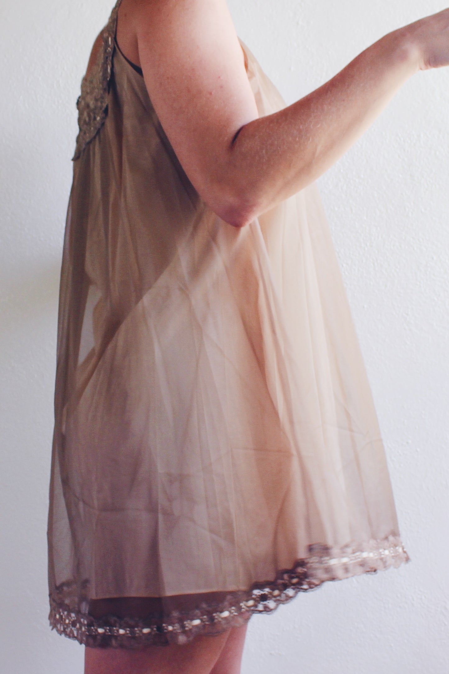 Whispering Lace Dreams: Vintage Chiffon Babydoll Slip with Layers of Romance