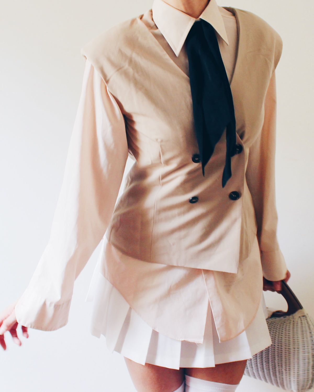 La Lavon Beige Tan Sleeveless Layering Blazer, Double Breasted Buttons, Light Shoulder Pads, Business Casual Coquette Style