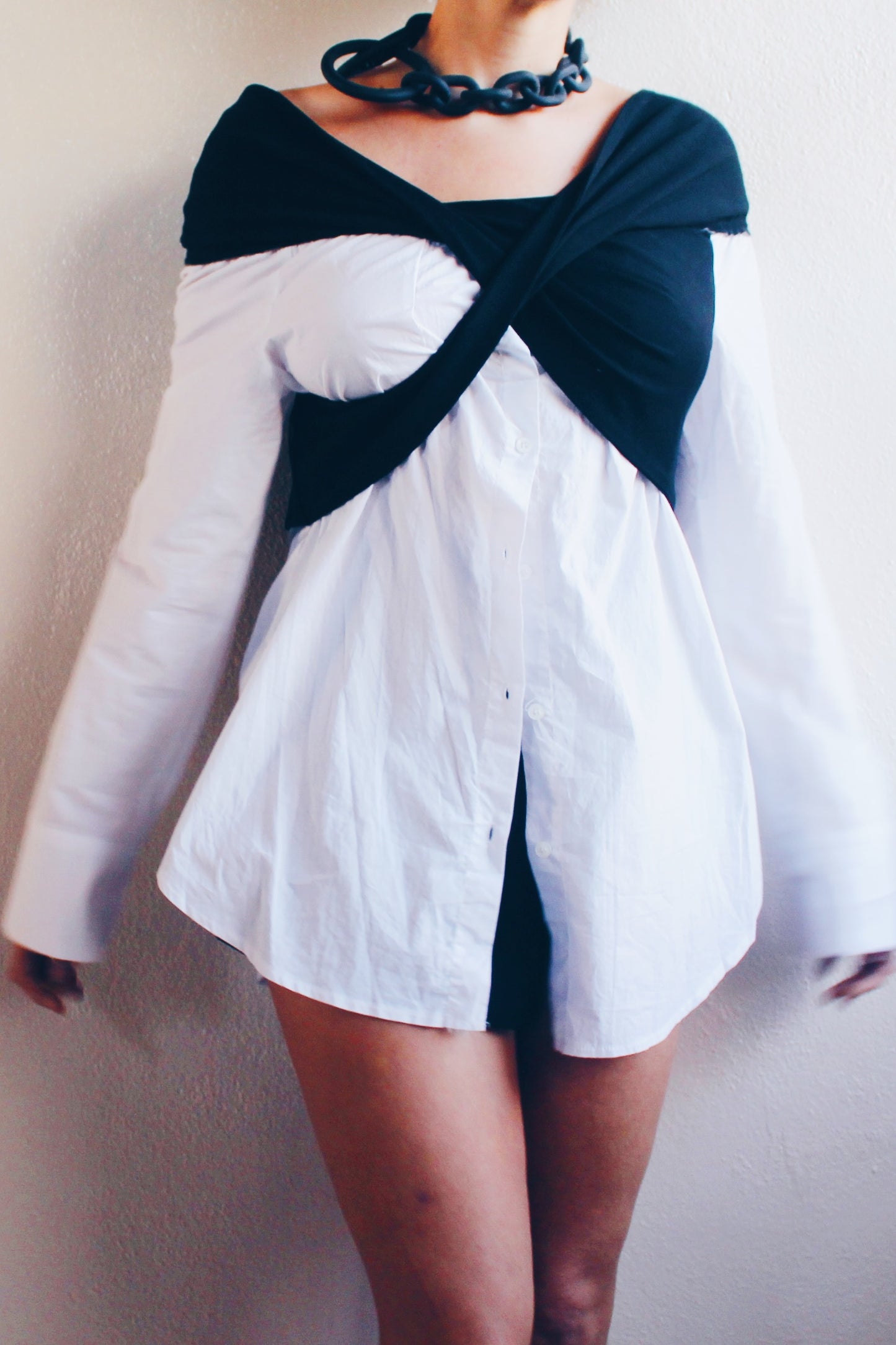 Contemporary Edge: Upcycled White Shirt Dress with Asymmetric Black Bust Wrap