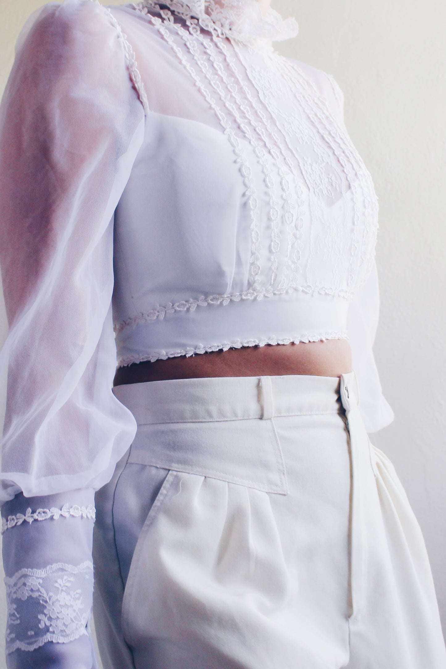 White cottagecore blouse / reworked lace up puff sleeve crop top/ Victorian high Collar Lace shirt