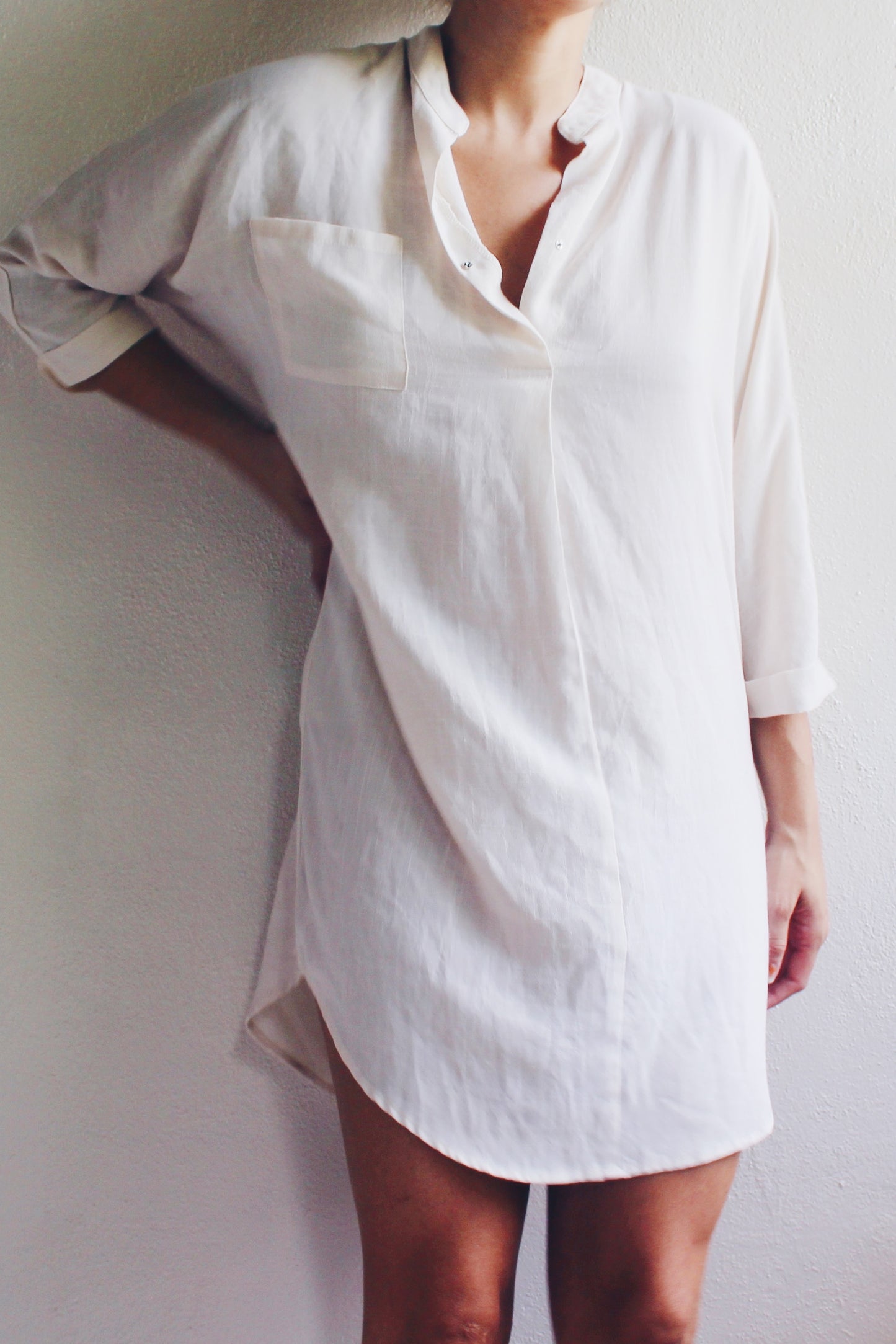 Vintage 3/4 Sleeve Cream Cotton Shirt Dress - Minimalist Tunic | Lightweight Boho American Gothic Style | Perfect for Layering