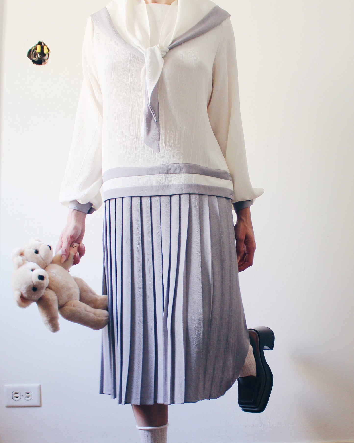 Vintage 1980s Nautical Sailor Dress | Cream Grey Drop Waist Pleated Midi | Scarf Tie Japanese Schoolgirl Preppy Mod Trends Jerrie Lurie