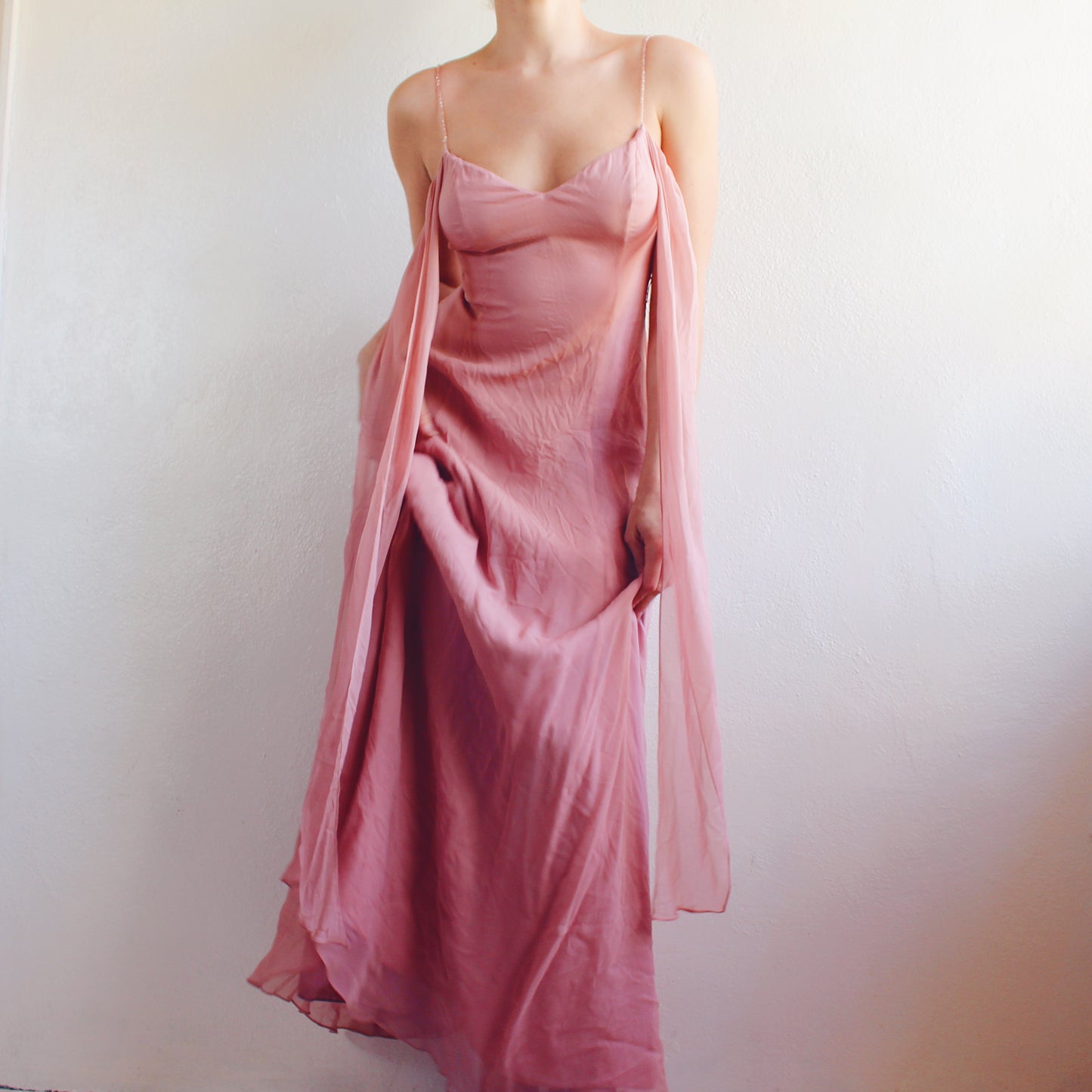 Vintage Y2K Blush Pink Silk Layered Gown | Formal Sheer Evening Dress - Bow Tie Sash Flowing Coquette Dress