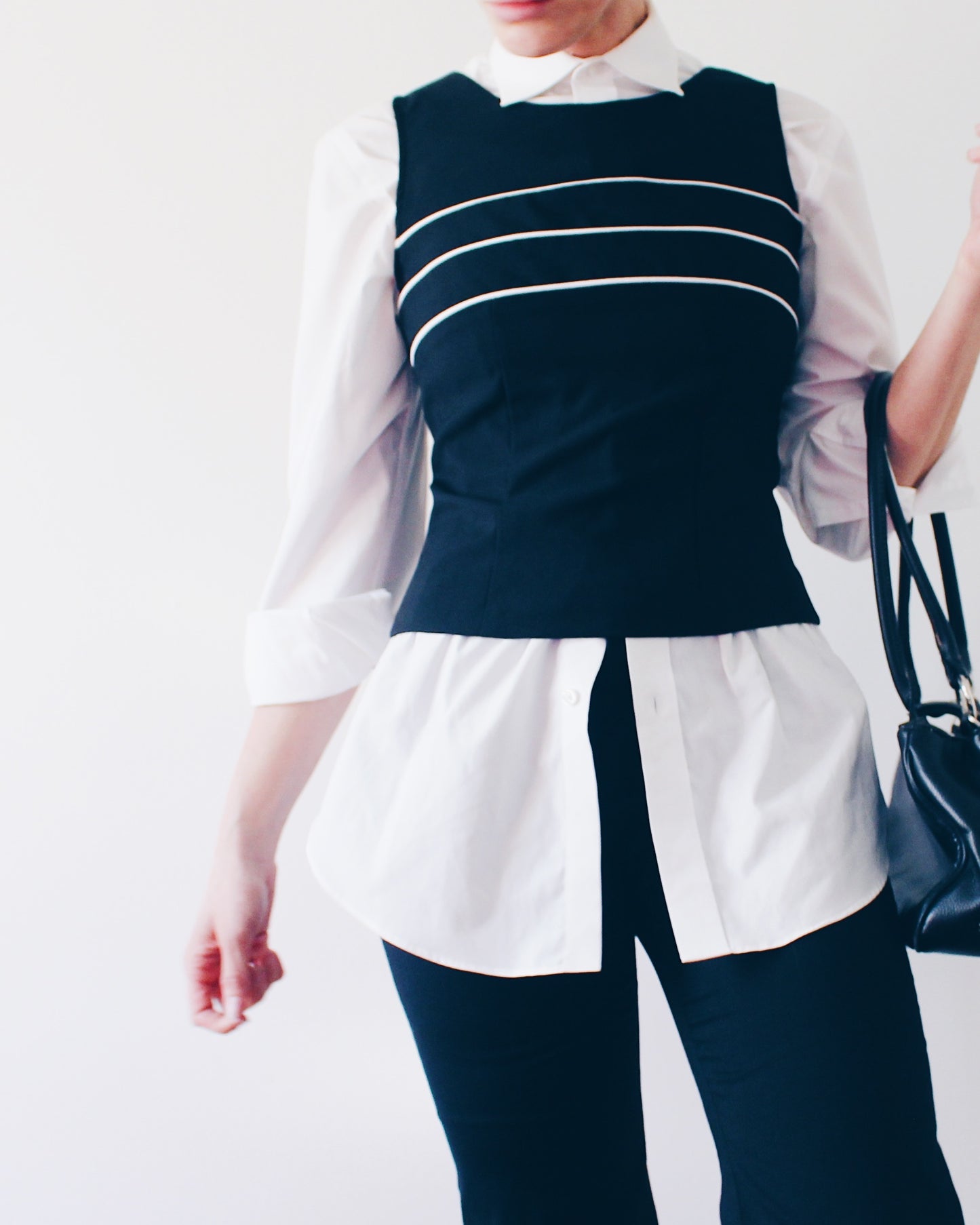 Vintage 90s Minimalist Tank Top | Black Sleeveless Top with White Stripe Detail | Back Zip Workwear Blouse | Chic Retro Layering Piece