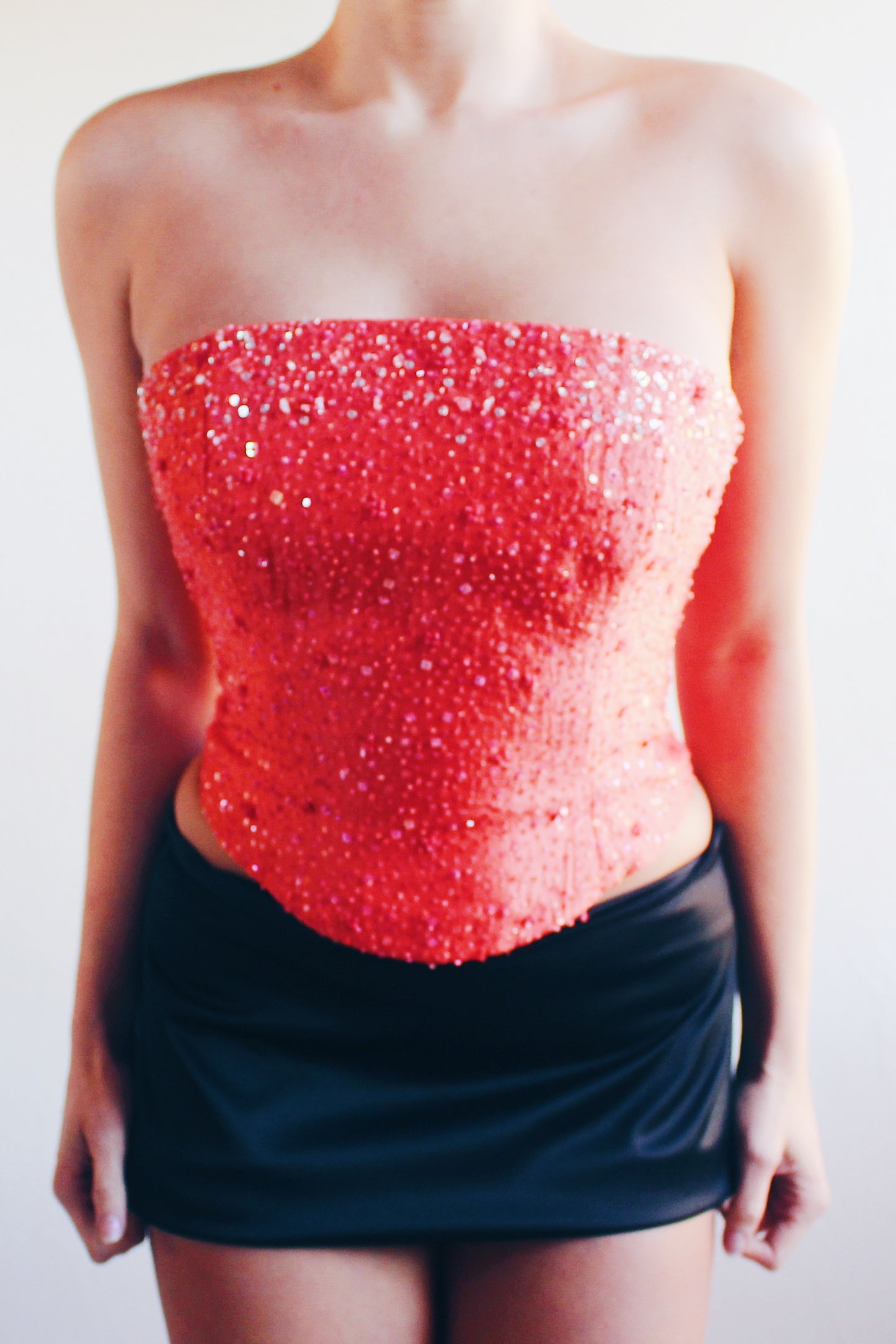 Y2K Glamour: Coral Beaded Lace-Up Formal Corset for Date Nights