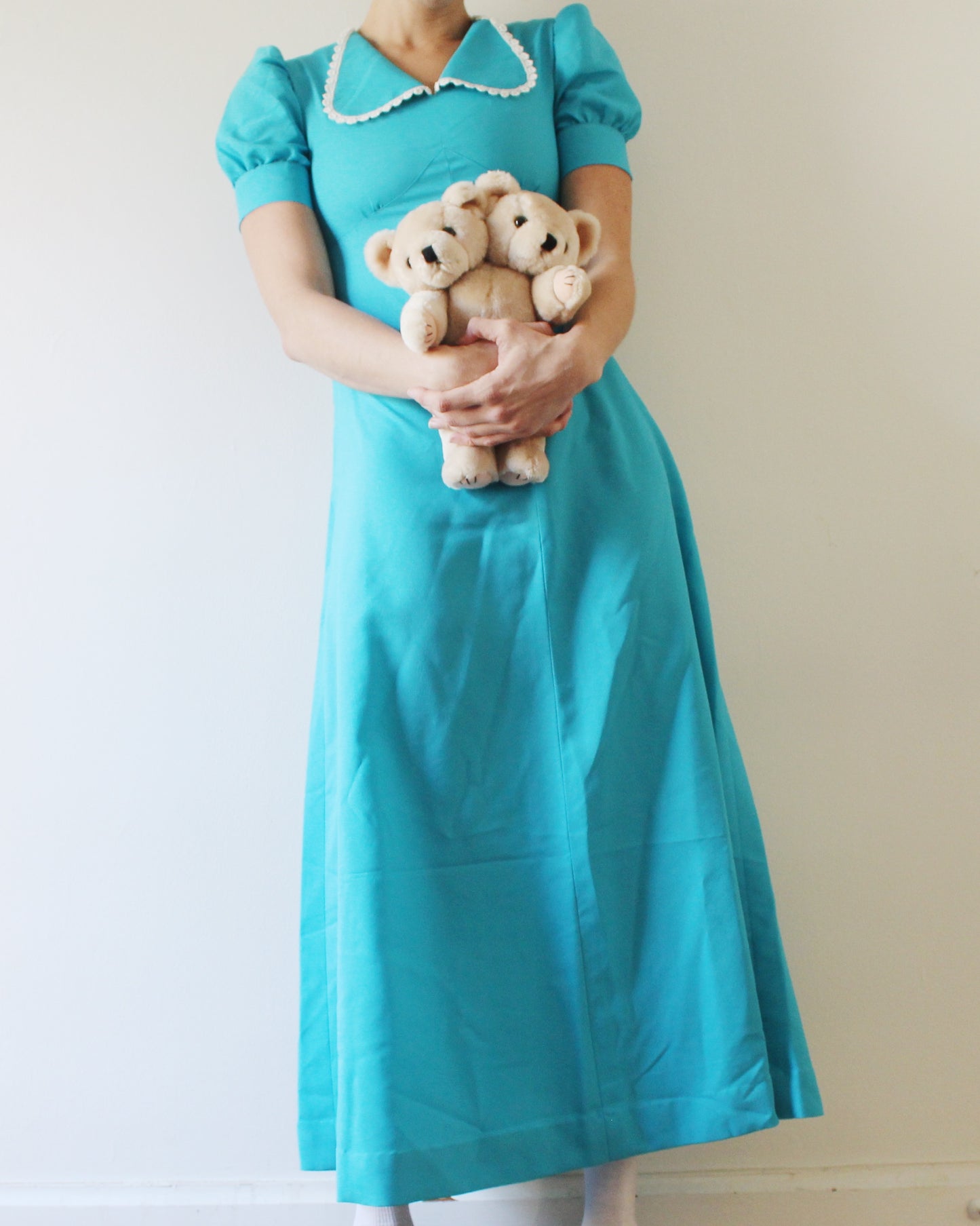 Vintage 1970s Bright Blue Dress | Handmade Maxi Dress with Scalloped Collar | Coquette Puff Sleeve Cottagecore Prairie Style
