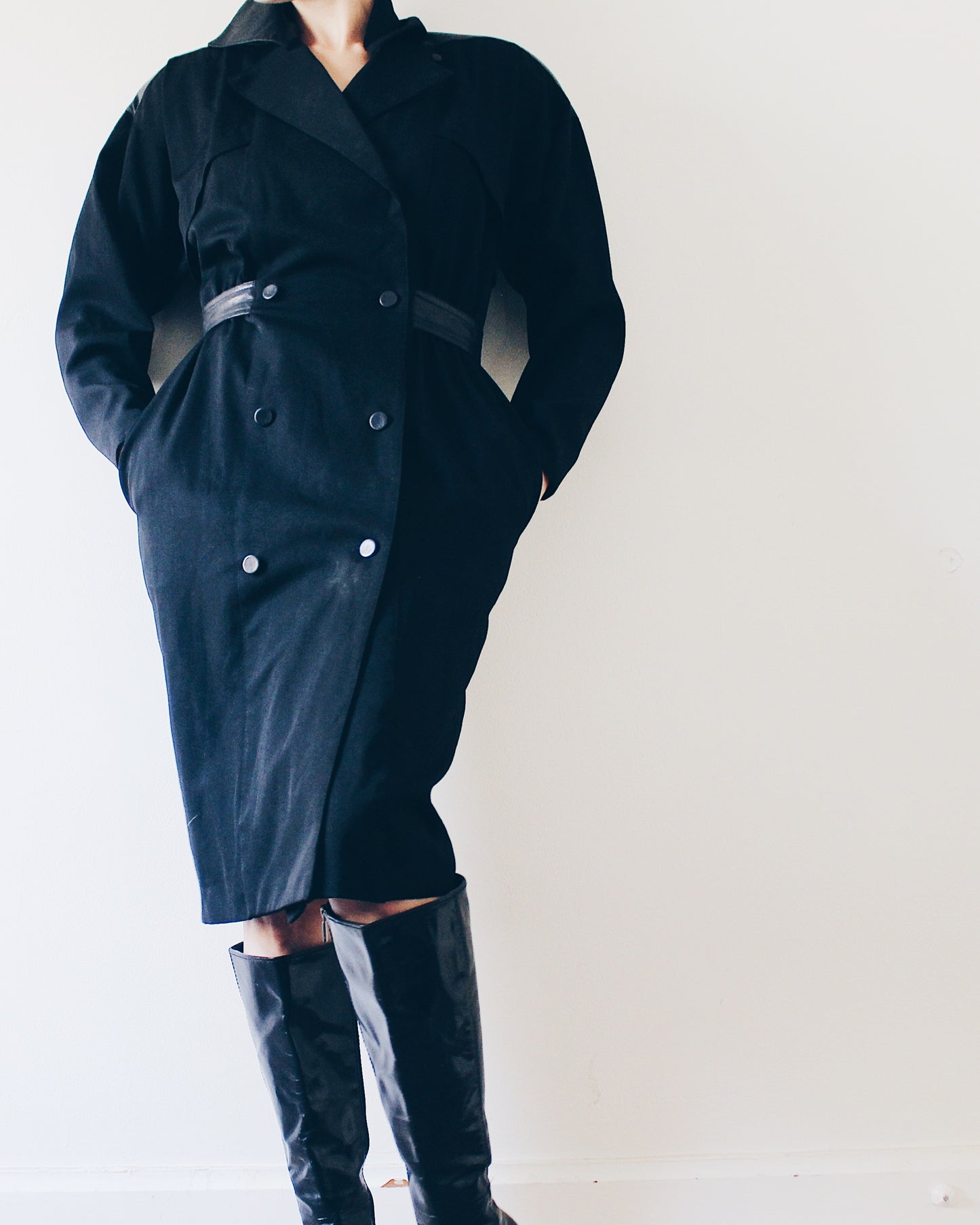 Vintage Rickie Freeman for Terijon Black Wool Trench Coat – 90s Leather Patch & Tie Waist, Minimalist Outerwear