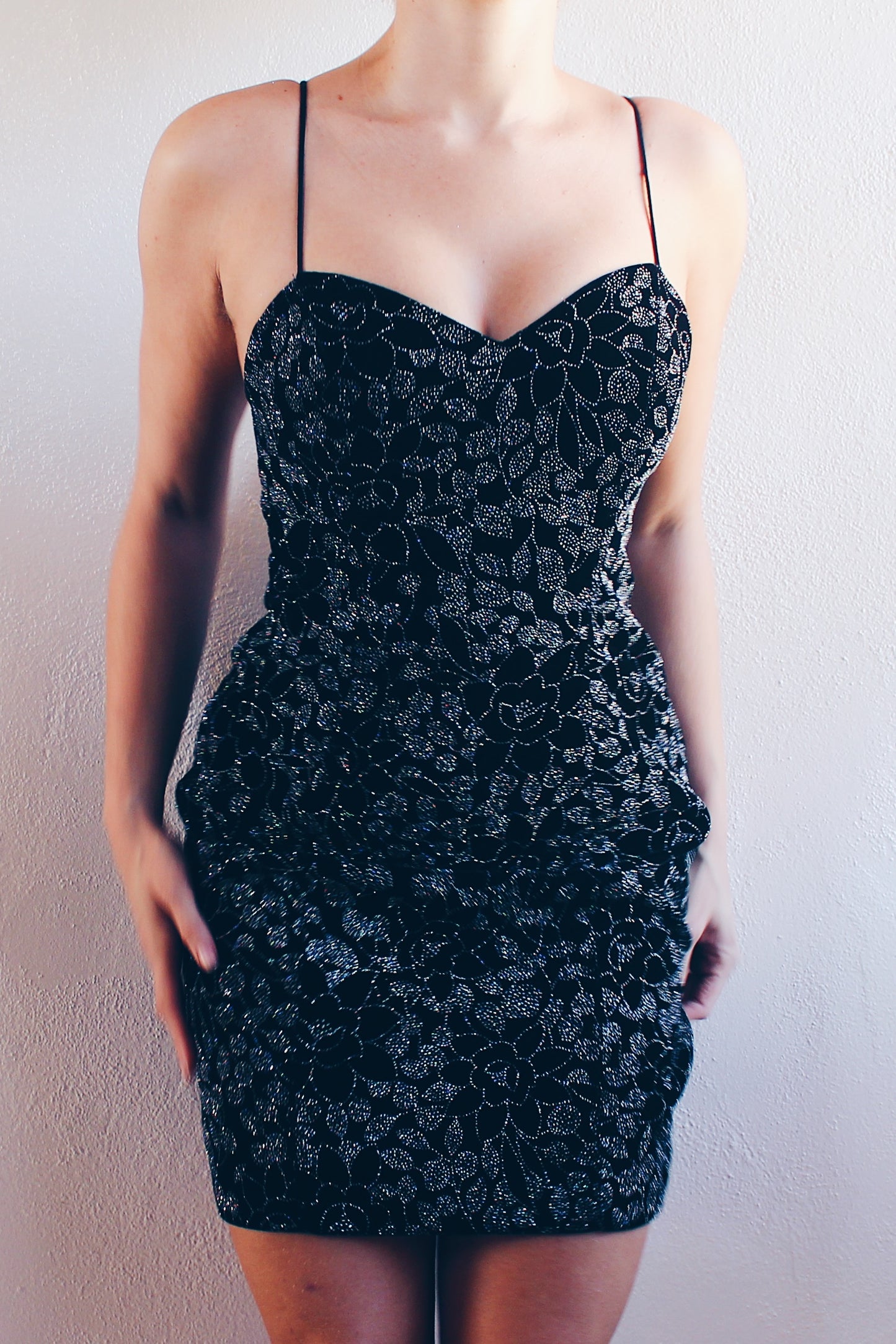 NYE Glamour: Black Velvet Glittery Mini Dress with Shimmery Flowers